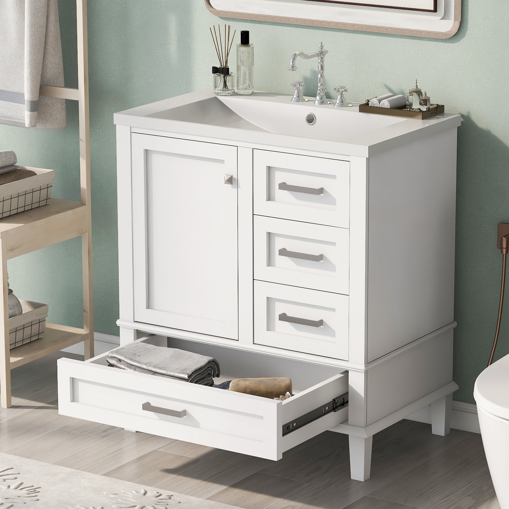 30" Bathroom Vanitymodern Bathroom Cabinet With Sink Combo Set, Bathroom Storage Cabinet With A Soft Closing Door And 3 Drawers, Solid Wood Frame Resin Basin White Solid Wood Mdf