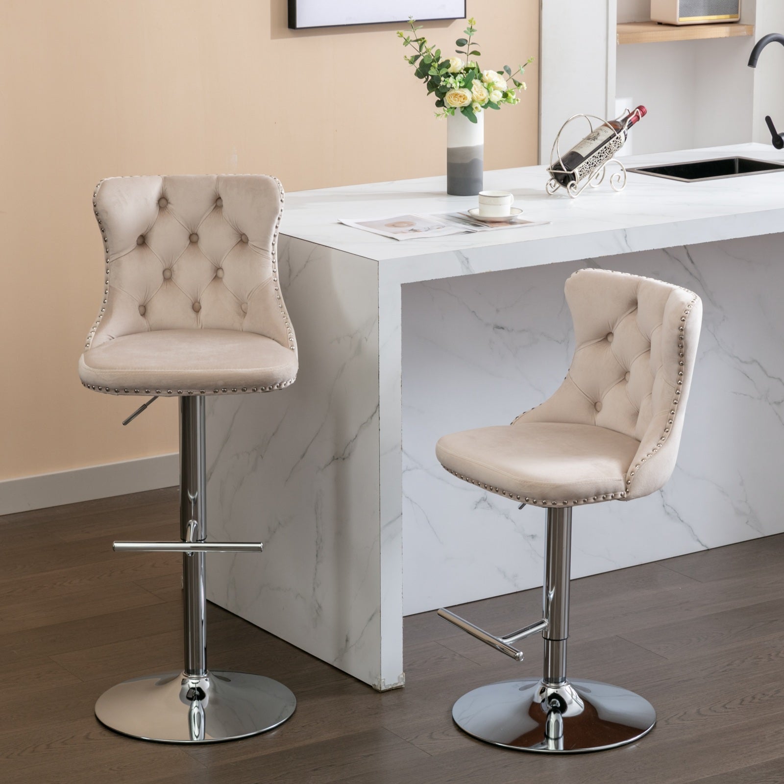 Swivel Velvet Barstools Adjusatble Seat Height From 25 33 Inch, Modern Upholstered Chrome Base Bar Stools With Backs Comfortable Tufted For Home Pub And Kitchen Island, Beige,Set Of 2 Beige Dining Room American Design Bar Stools Foam Velvet