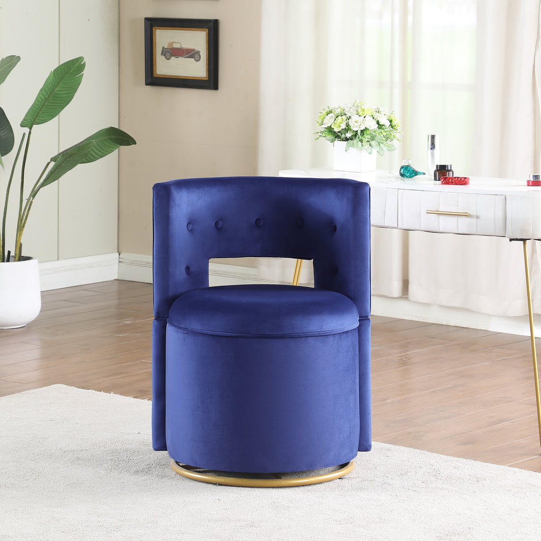 360 Swivel Accent Chair With Storage Function, Velvet Curved Chair With Gold Metal Base For Living Room, Nursery, Bedroom Video Blue Velvet