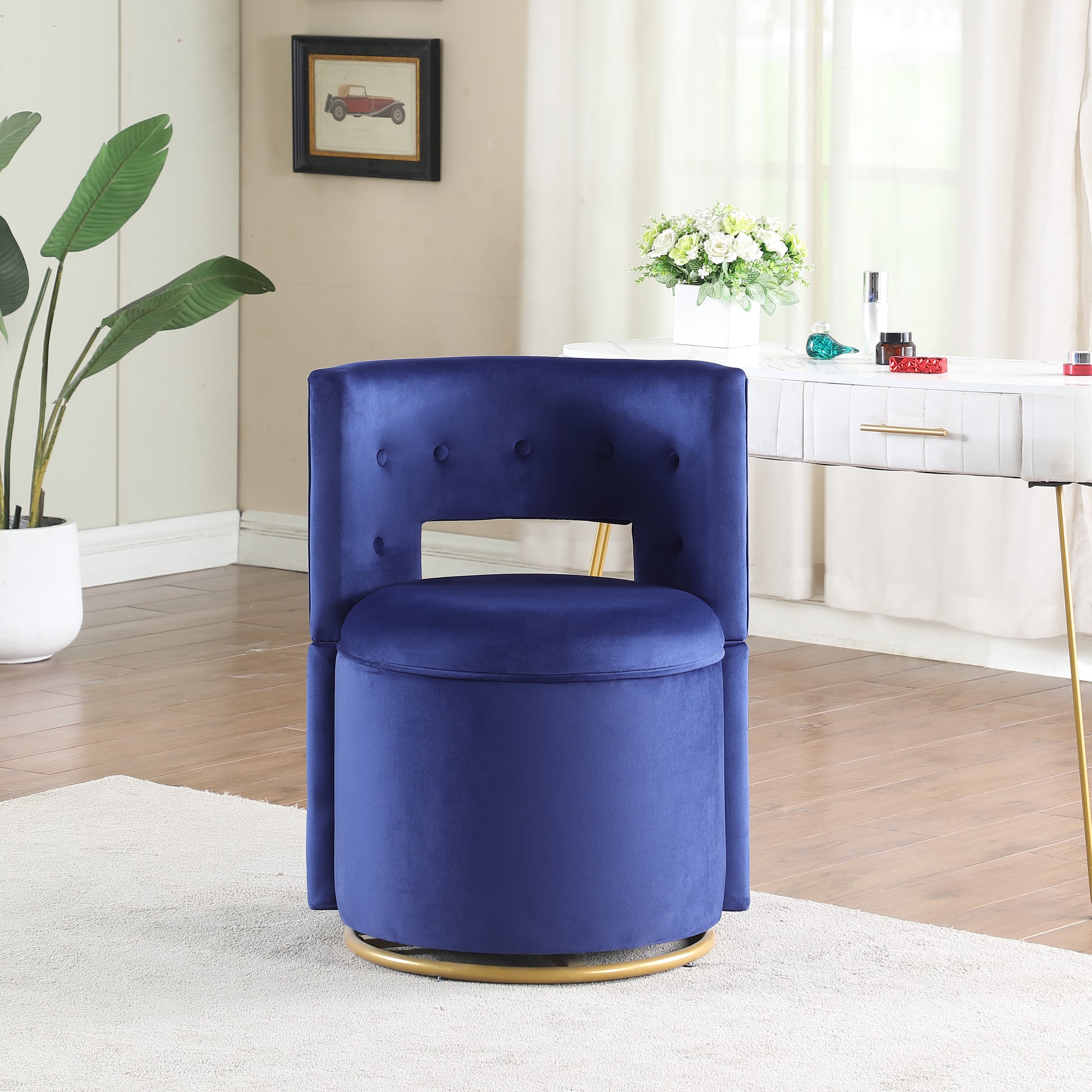 360 Swivel Accent Chair With Storage Function, Velvet Curved Chair With Gold Metal Base For Living Room, Nursery, Bedroom Video Blue Velvet