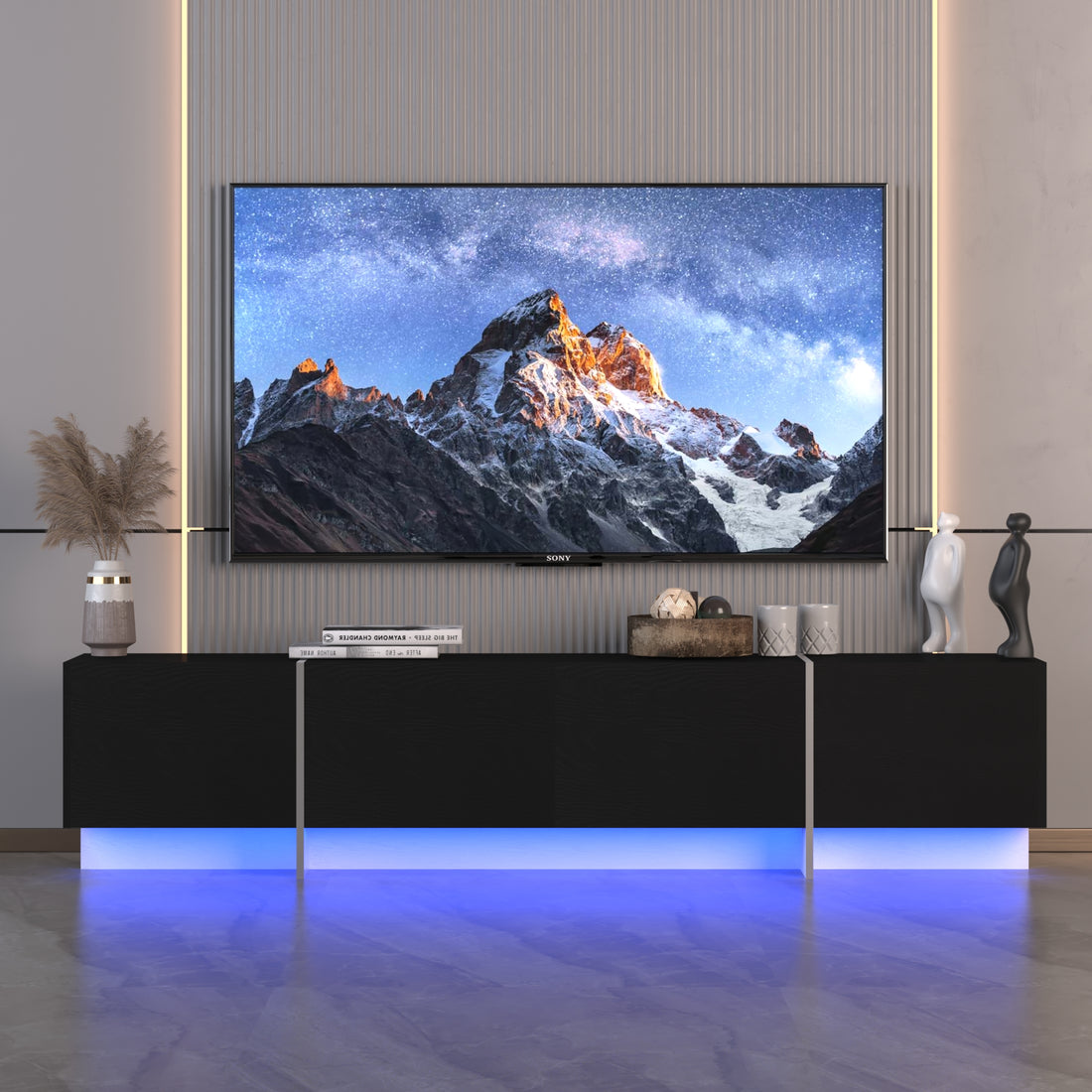 Tv Console With Storage Cabinets, Remote Control, App Control Led Tv Stand, Full Rgb Color Selection, 31 Modes Changing Lights Modern Entertainment Center Black, For 75 Inches Tv Black Primary Living Space 70 79 Inches 70 79 Inches Modern 75 Inches