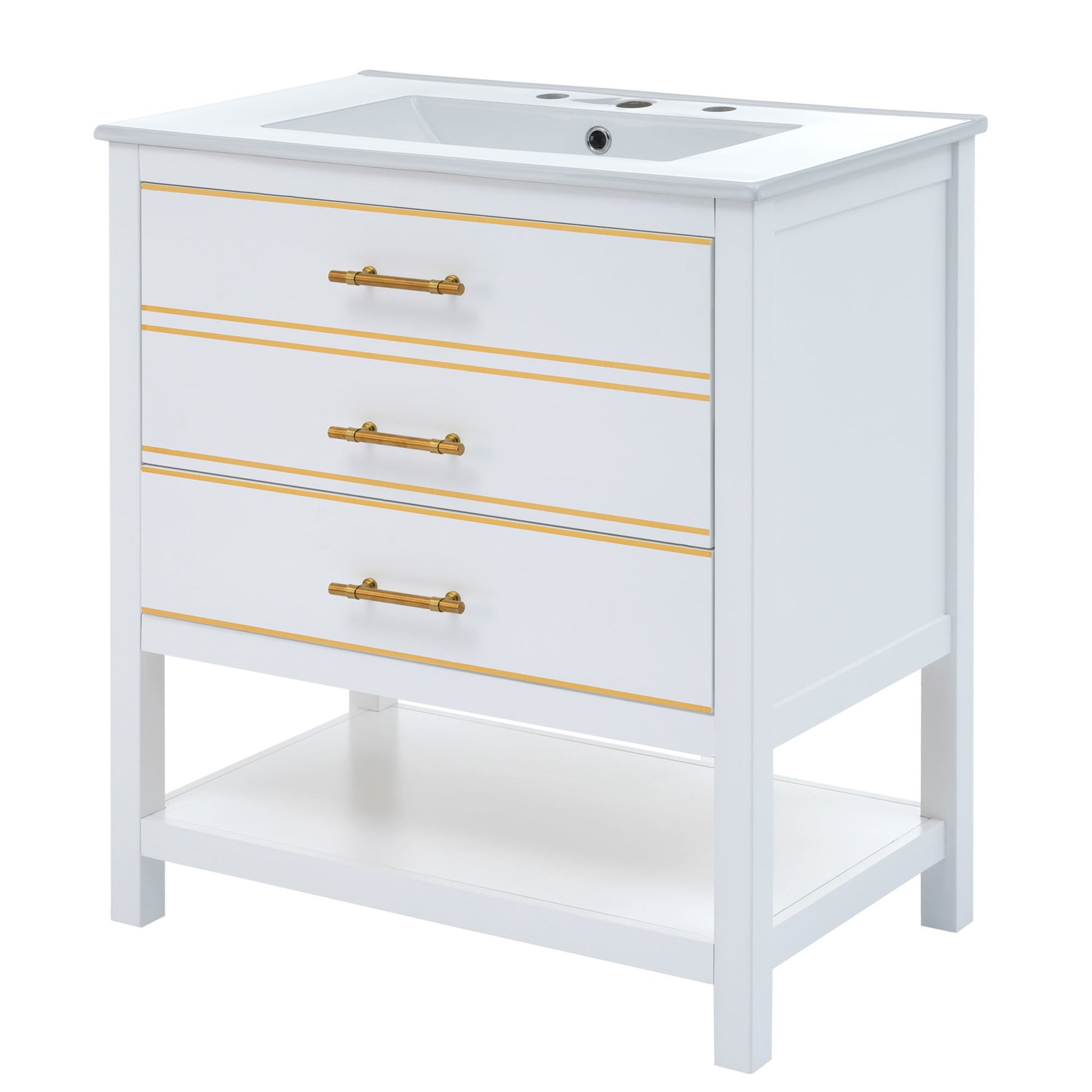 Viedo Modern 30Inch Navy Blue White Bathroom Vanity Cabinet Combo With Openstorge, Two Drawers White Solid Wood Mdf