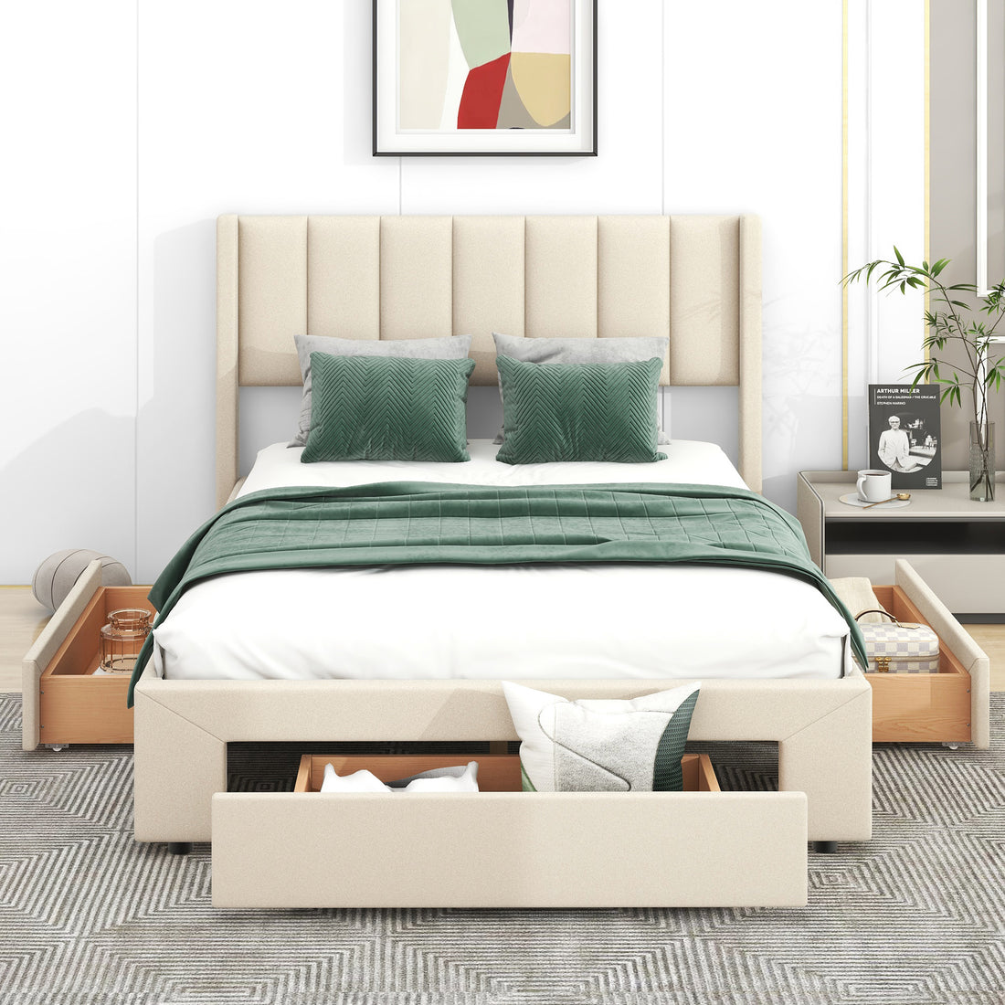 Full Size Upholstered Platform Bed With One Large Drawer In The Footboard And Drawer On Each Side,Beige Box Spring Not Required Full Beige Wood Bedroom Bed Frame Linen Upholstered