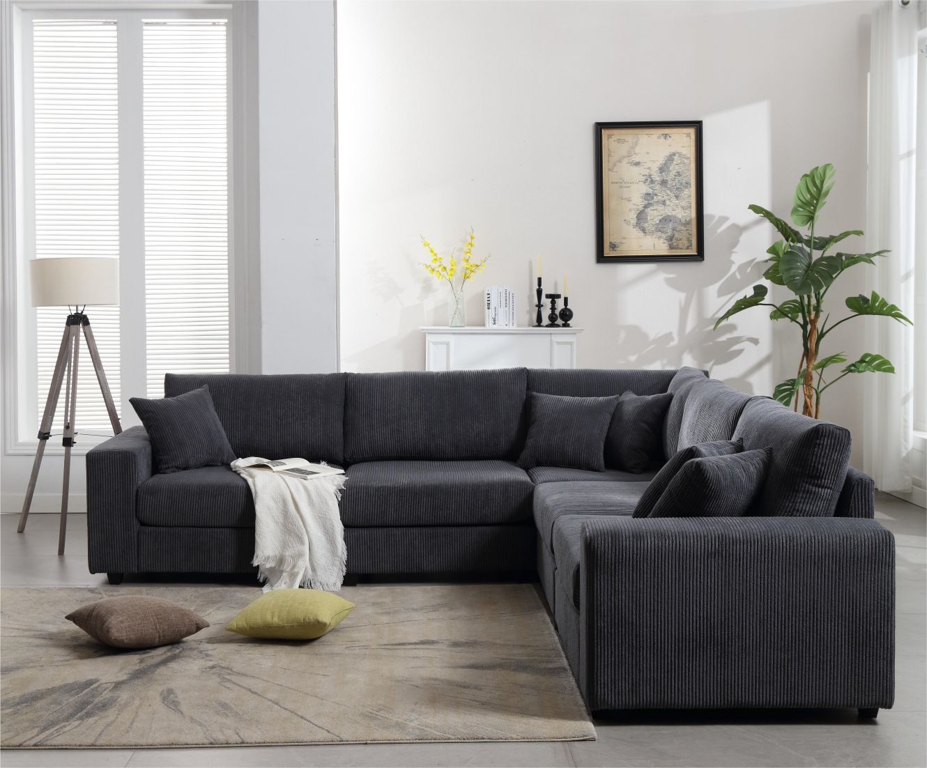 Oversized Length117.2''*Width 117.2'' Modular Sectional Sofa Couches Set ,Corduroy Upholstered Deep Seat Comfy Sofa For Living Room,Dark Gray Dark Gray Light Brown Polyester Wood Primary Living Space Medium Soft Cushion Back Modern Square Arms Wood 5