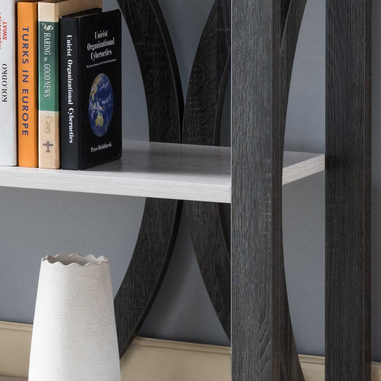 Modern Console Table With Three Open Shelves Grey And White White Oak Particle Board