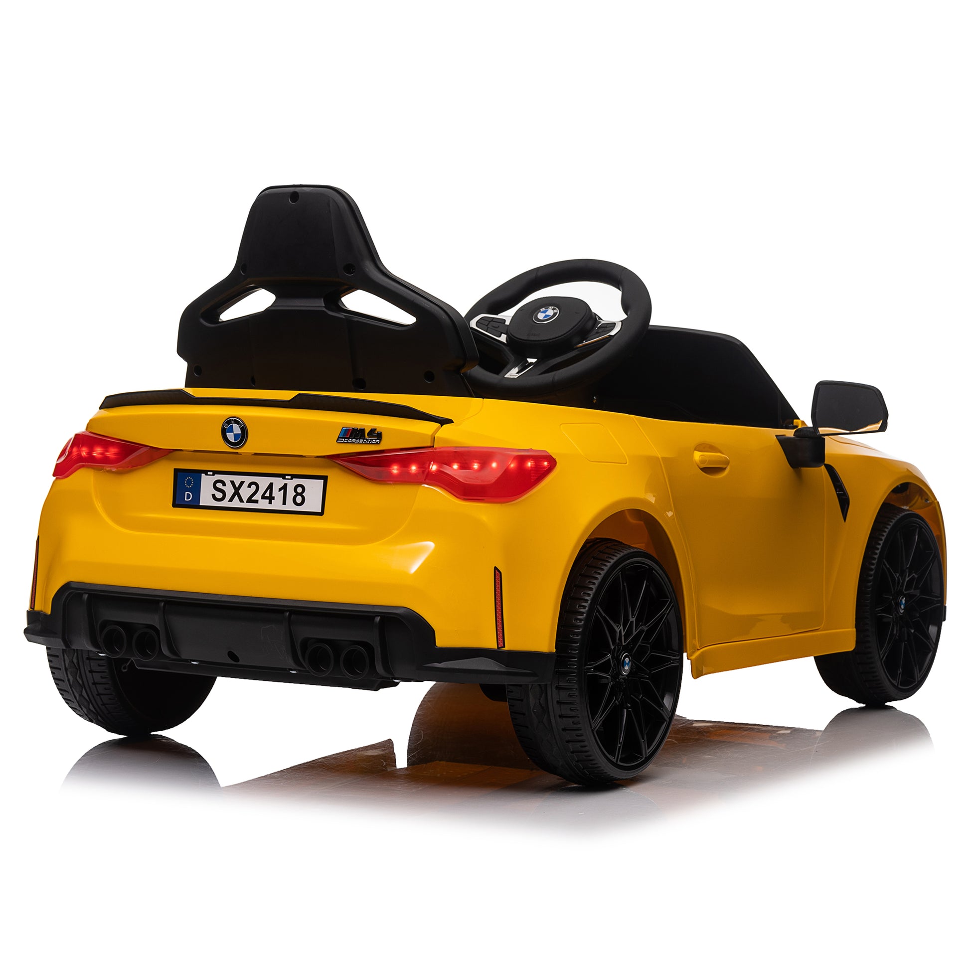 Bmw M4 12V Kids Ride On Toy Car 2.4G W Parents Remote Control,Three Speed Adjustable,Power Display, Usb,Mp3 ,Bluetooth,Led Light,Story,A Handle With Wheels And A Pull, Easy To Carry Yellow Polyethylene