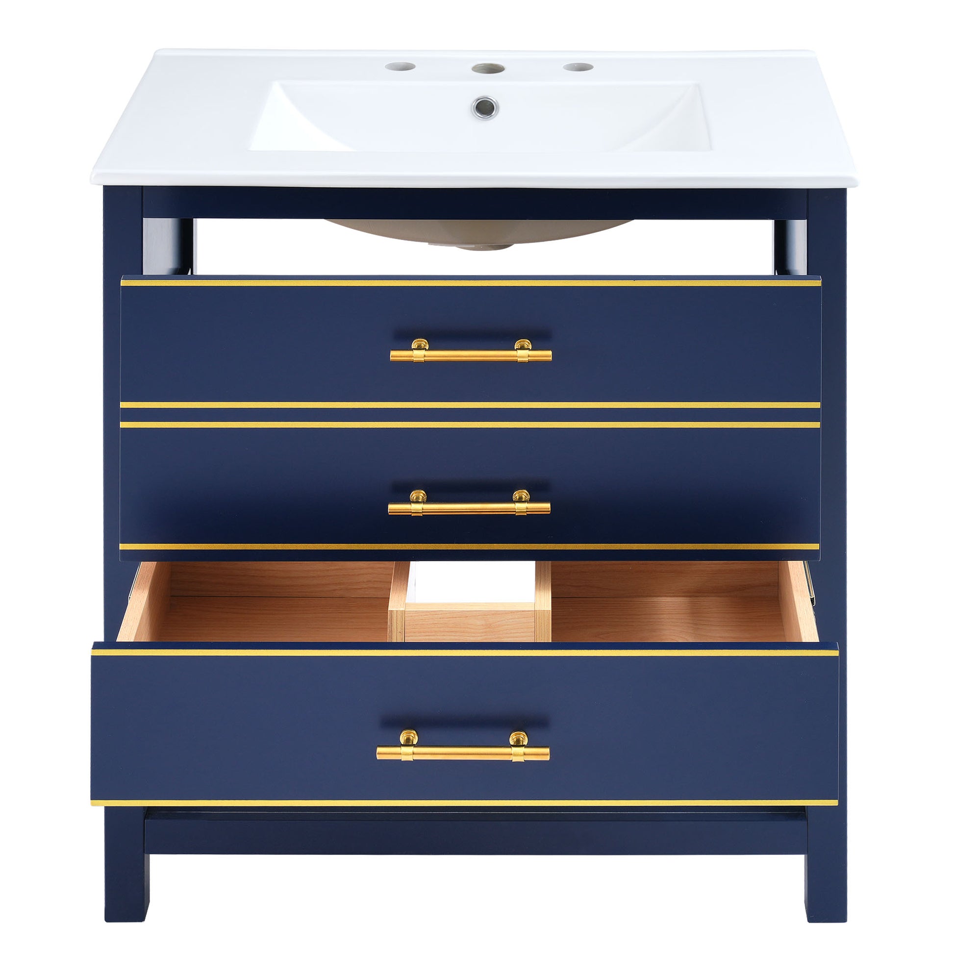 Viedo Modern 30Inch Navy Blue White Bathroom Vanity Cabinet Combo With Openstorge, Two Drawers Blue Solid Wood Mdf