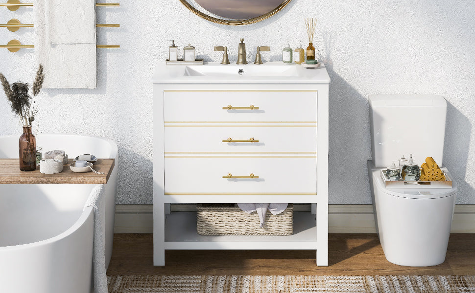 Viedo Modern 30Inch Navy Blue White Bathroom Vanity Cabinet Combo With Openstorge, Two Drawers White Solid Wood Mdf