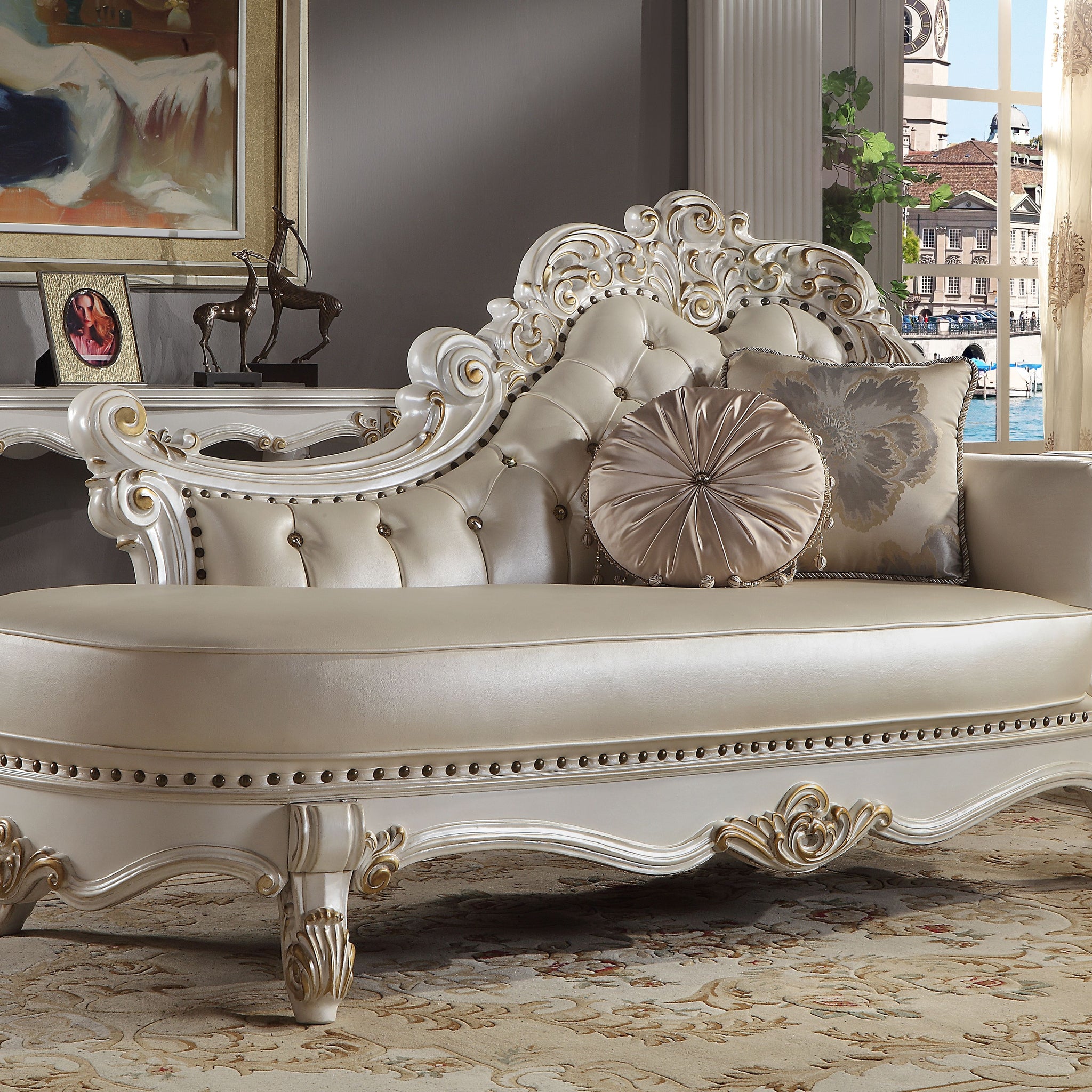 Vendome Chaise W 2 Pillows, Synthetic Leather & Antique Pearl Finish Bd01523 Antique White Pu Leather