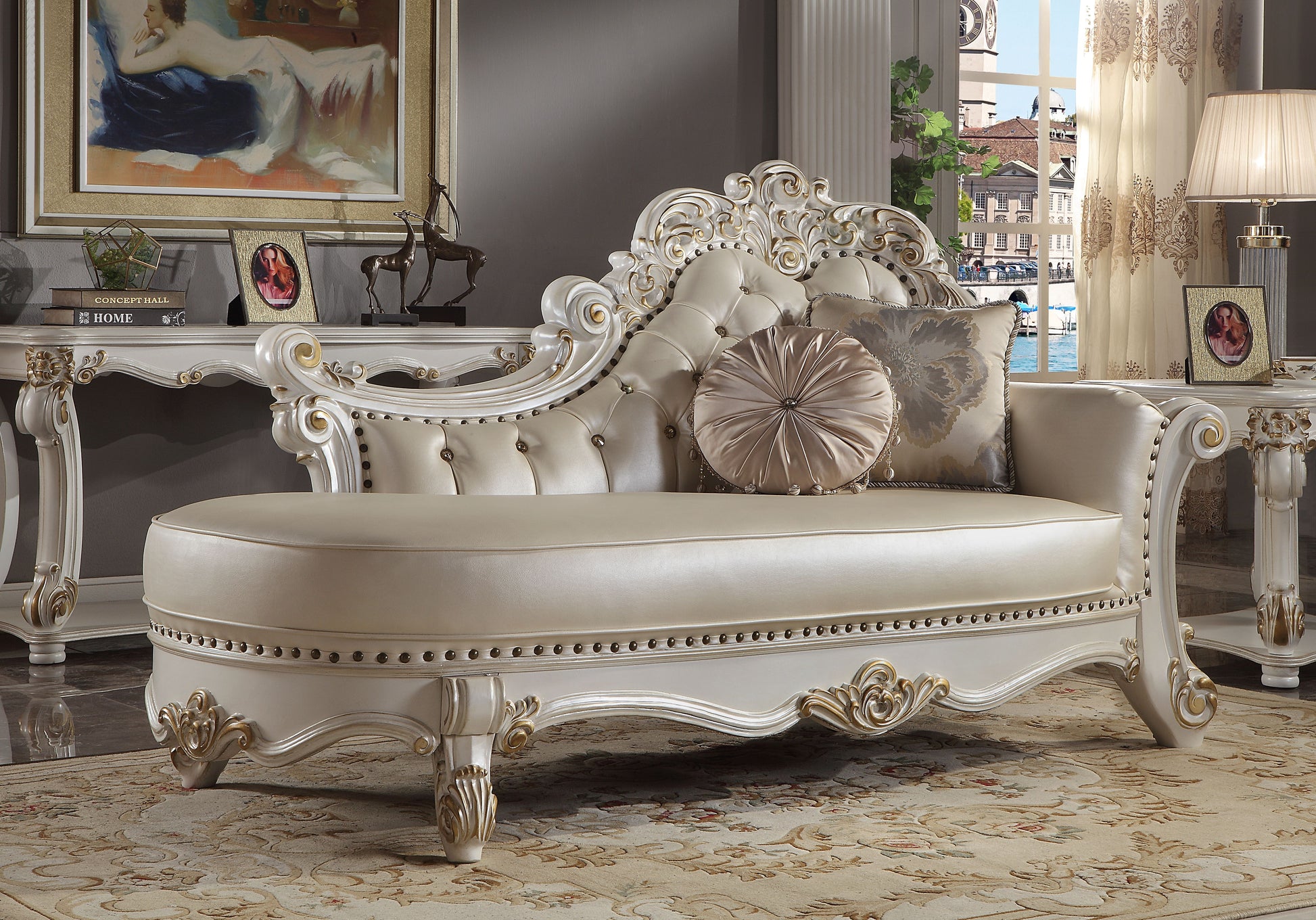 Vendome Chaise W 2 Pillows, Synthetic Leather & Antique Pearl Finish Bd01523 Antique White Pu Leather