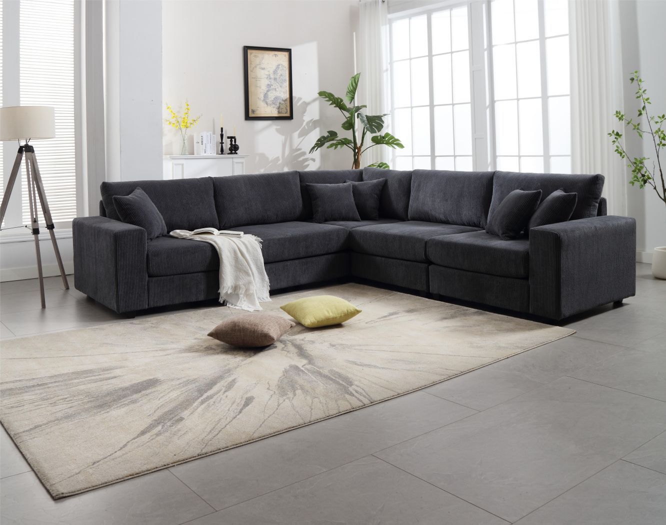 Oversized Length117.2''*Width 117.2'' Modular Sectional Sofa Couches Set ,Corduroy Upholstered Deep Seat Comfy Sofa For Living Room,Dark Gray Dark Gray Light Brown Polyester Wood Primary Living Space Medium Soft Cushion Back Modern Square Arms Wood 5