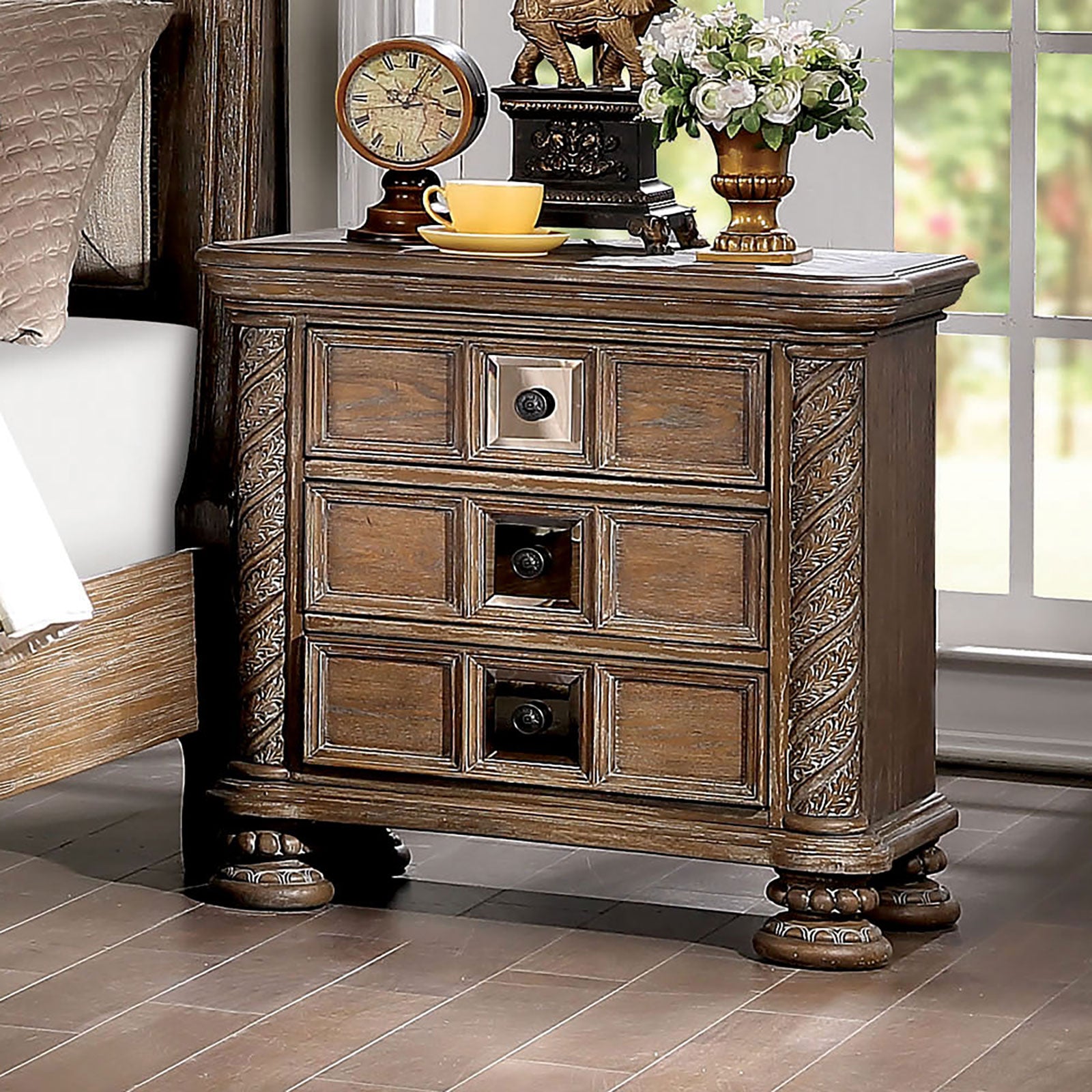 Transitional Rustic Natural Tone 1Pc Nightstand Only Solid Wood 3 Drawers Bronze Round Knobs Bedside Table Bedroom Furniture Rustic 3 Drawers Bedroom Bedside Cabinet Traditional,Transitional Drawers Natural Finish Solid Wood