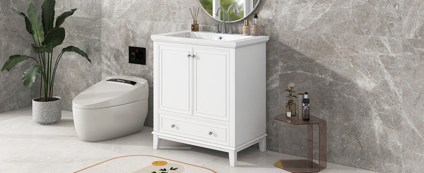 30" Bathroom Vanity With Sink Combo, Multi Functional Bathroom Cabinet With Doors And Drawer, Solid Frame And Mdf Board, White White Solid Wood Mdf