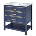 Viedo Modern 30Inch Navy Blue White Bathroom Vanity Cabinet Combo With Openstorge, Two Drawers Blue Solid Wood Mdf