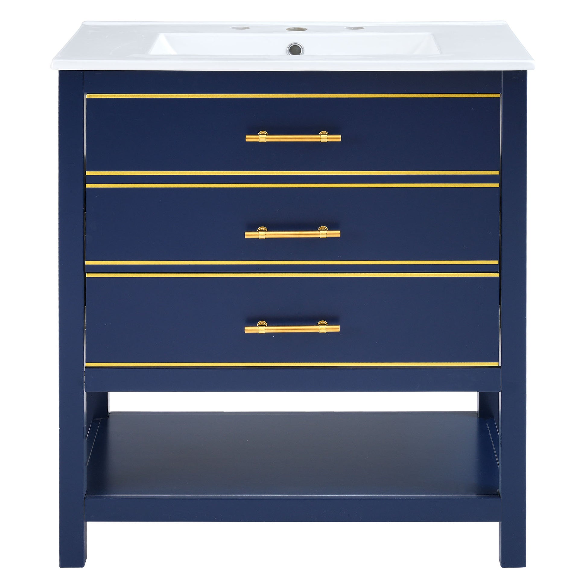 Viedo Modern 30Inch Navy Blue White Bathroom Vanity Cabinet Combo With Openstorge, Two Drawers Blue Solid Wood Mdf