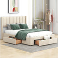Full Size Upholstered Platform Bed With One Large Drawer In The Footboard And Drawer On Each Side,Beige Box Spring Not Required Full Beige Wood Bedroom Bed Frame Linen Upholstered