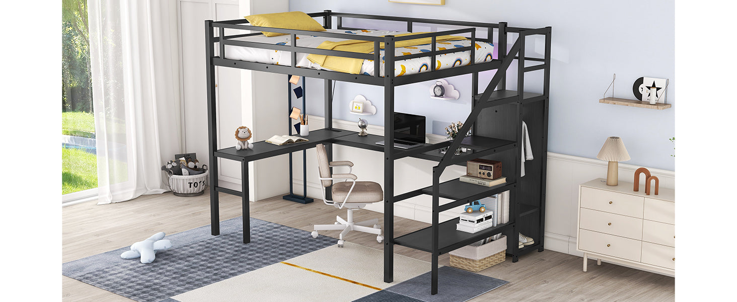 Full Size Loft Bed With L Shaped Desk And Usb, Metal Loft Bed With Wardrobe And Adjustable Shelf, High Loft Bed With Led For Kids Teens Adults, Black Black Metal