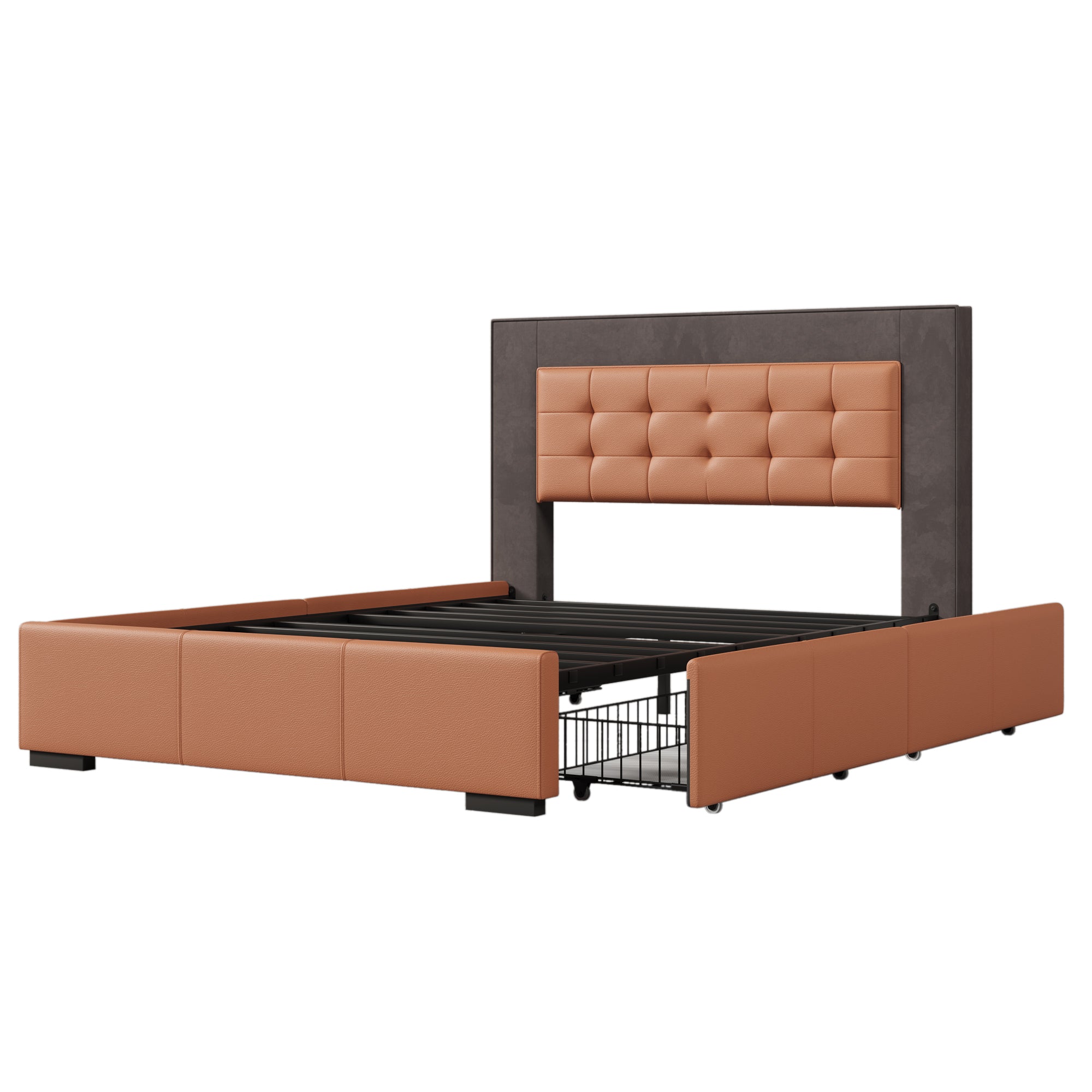Modern Style Upholstered Queen Platform Bed Frame with box spring not required-queen-orange+dark