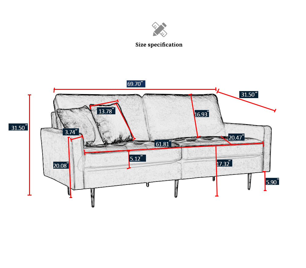 70'' Modern Button Tufted Sofa With 2 Throw Pillows For Living Room,Emerald Emerald Velvet 2 Seat