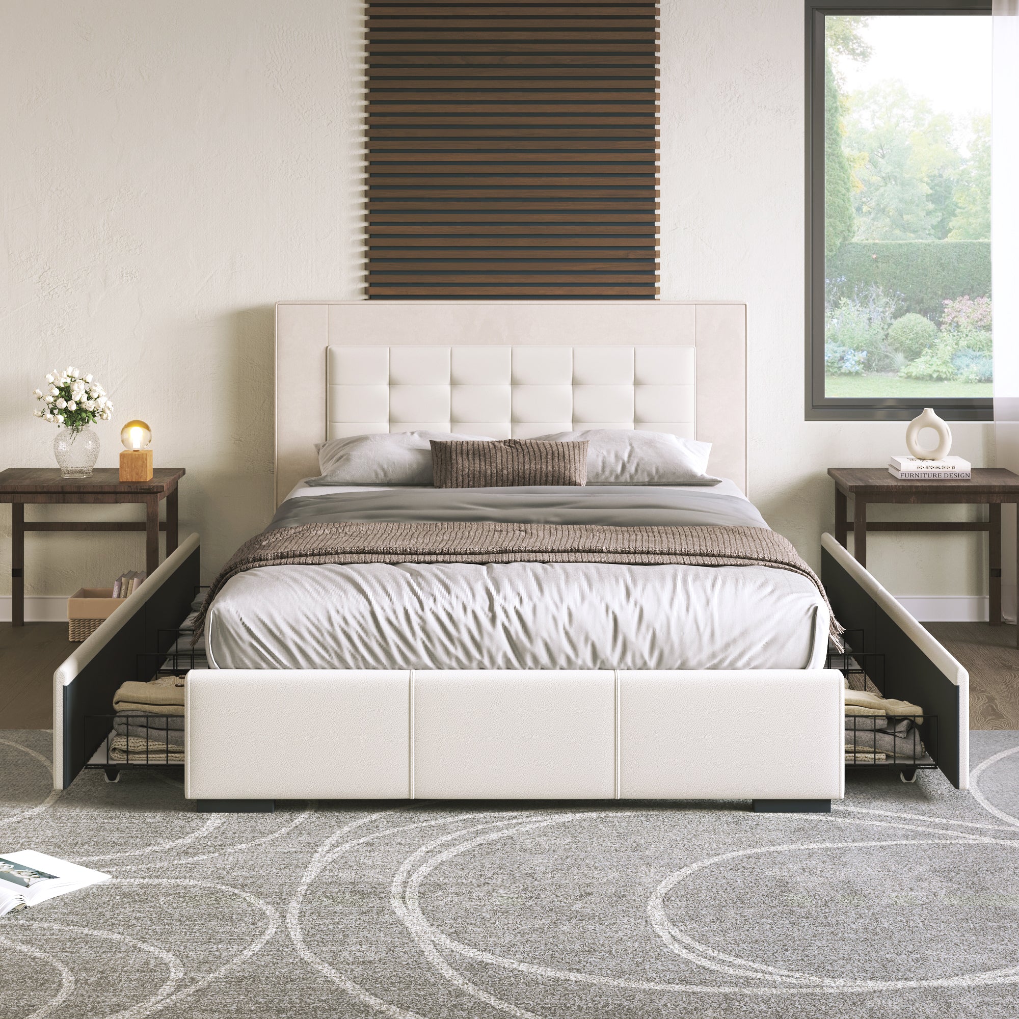 Modern Style Upholstered Queen Platform Bed Frame with box spring not required-queen-beige-metal-bed