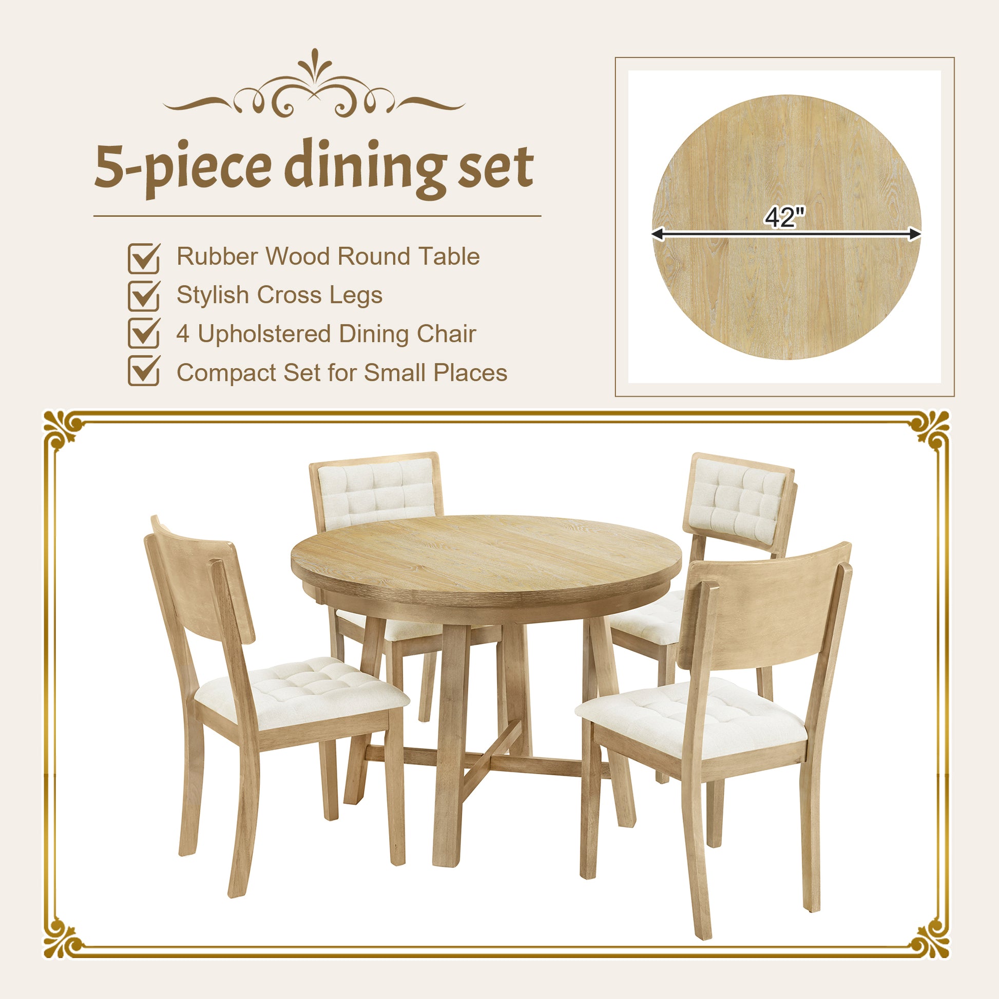 Rustic 42Inch Round Dining Table Set With Cross Legs And Upholstered Dining Chairs For Small Places, Natural Wood Dining Room Rubberwood Round Dining Table With Chair Upholstered Chair Wood Natural Wood Seats 4 42 Inches Rustic 4 Leg Foam Rubber Wood