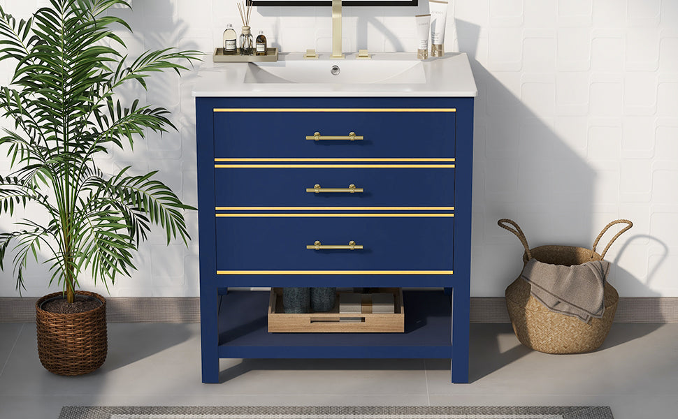 Viedo Modern 30Inch Navy Blue White Bathroom Vanity Cabinet Combo With Openstorge, Two Drawers Blue Solid Wood Mdf