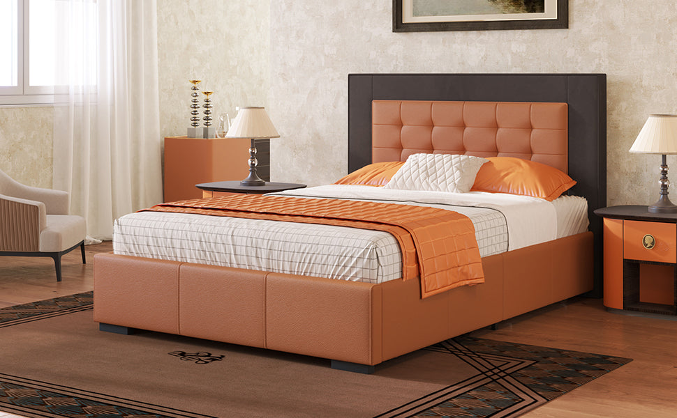 Modern Style Upholstered Queen Platform Bed Frame with box spring not required-queen-orange+dark