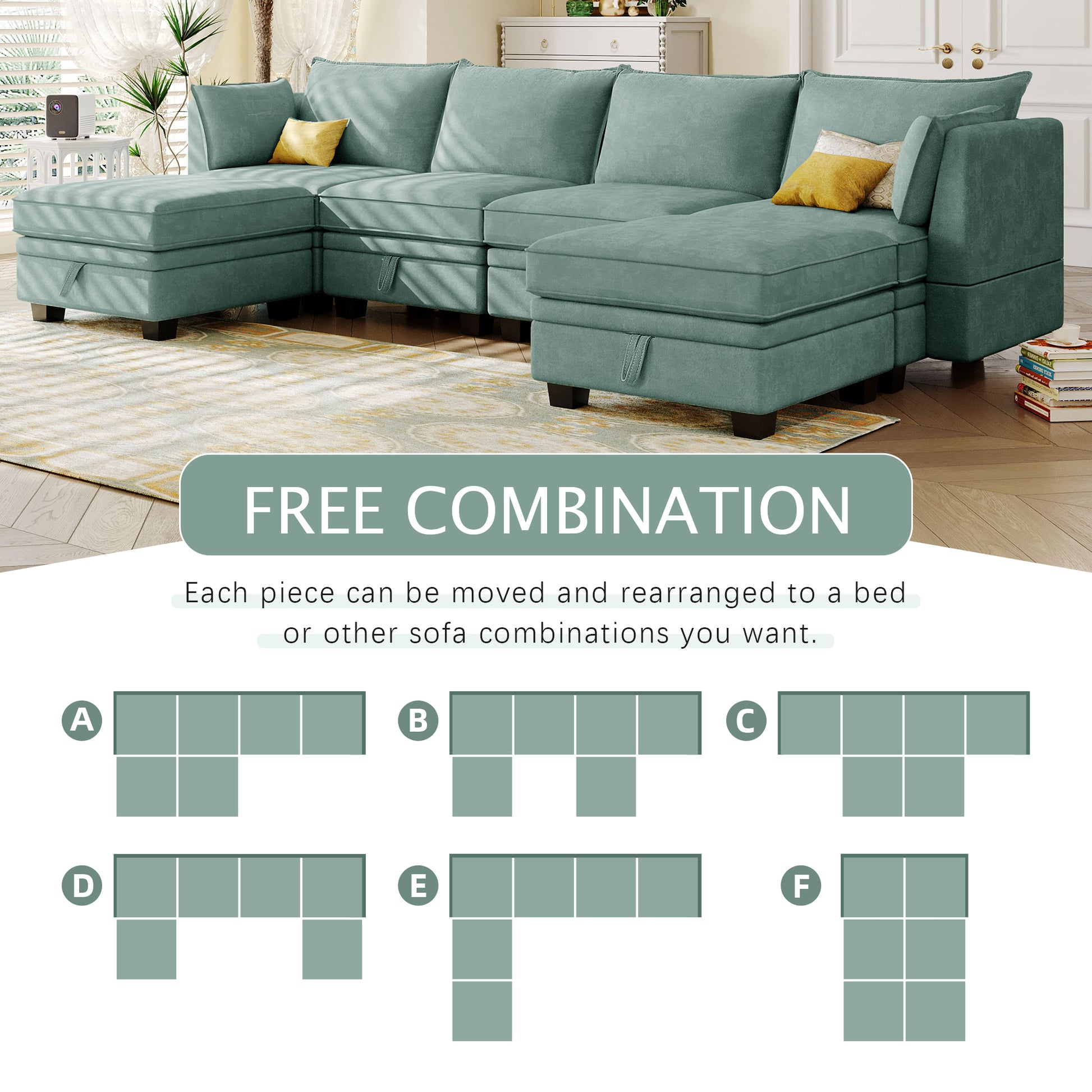Modern Large U Shape Modular Sectional Sofa, Convertible Sofa Bed With Reversible Chaise For Living Room, Storage Seat Light Green Linen