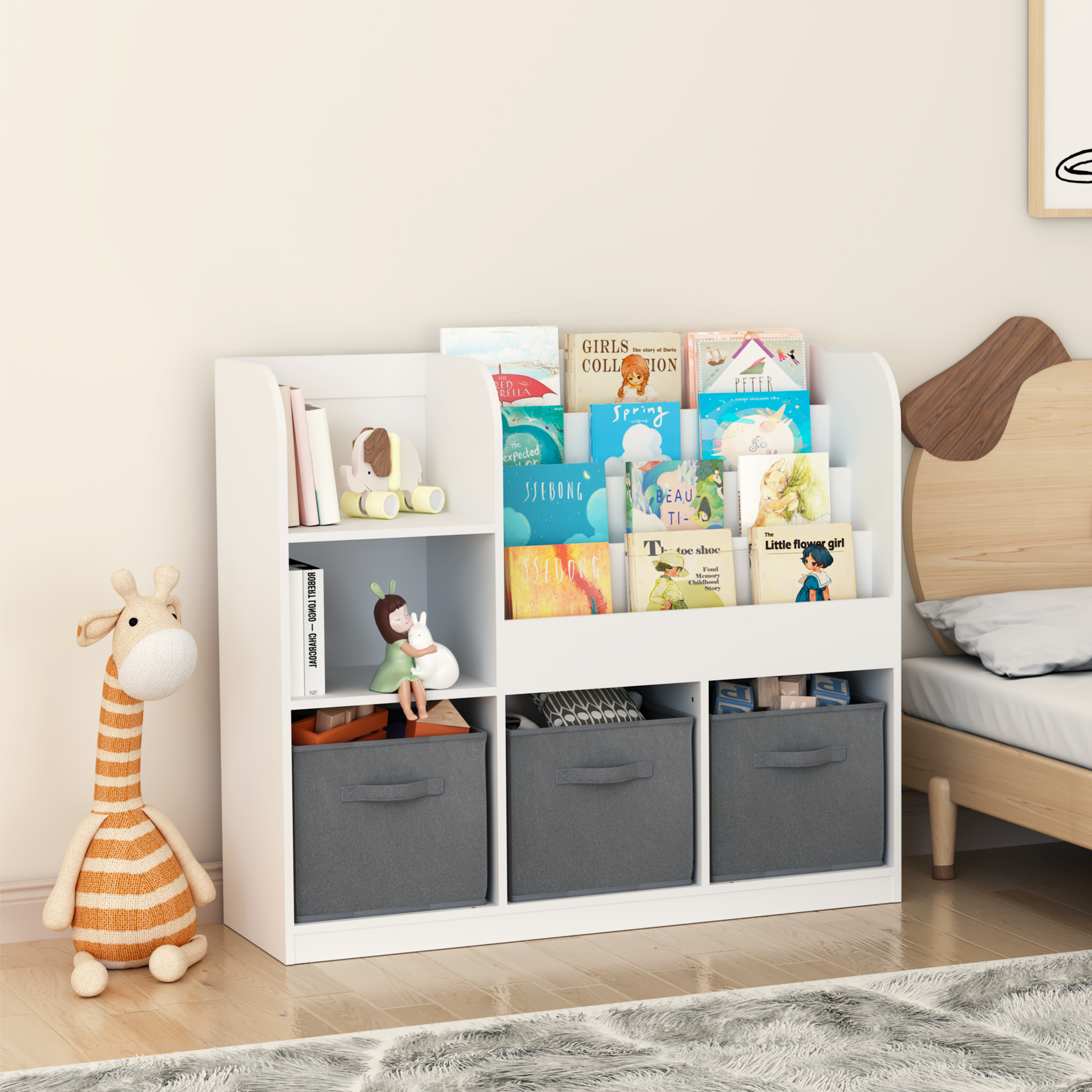 Kids Bookcase And Bookshelf, Multifunctional Bookcase With 3 Collapsible Fabric Drawers, Bookcase Display Stand, Toy Storage Organizer For Bedroom, Playroom, Hallway White Gray White Mdf