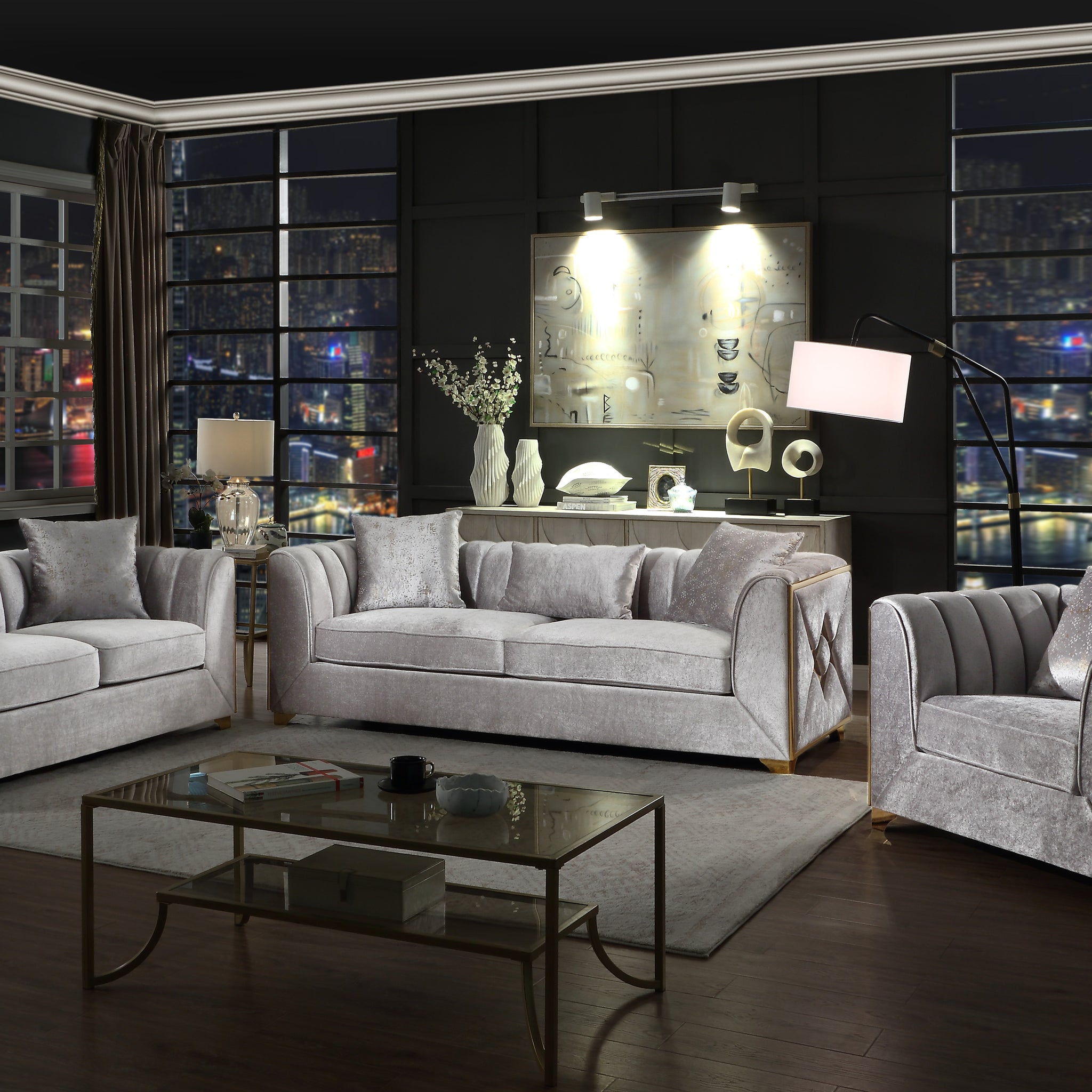 Velencia 3Pc Modern Living Room Set In Silver Silver Wood Primary Living Space Modern Upholstered Wood 6 Seat