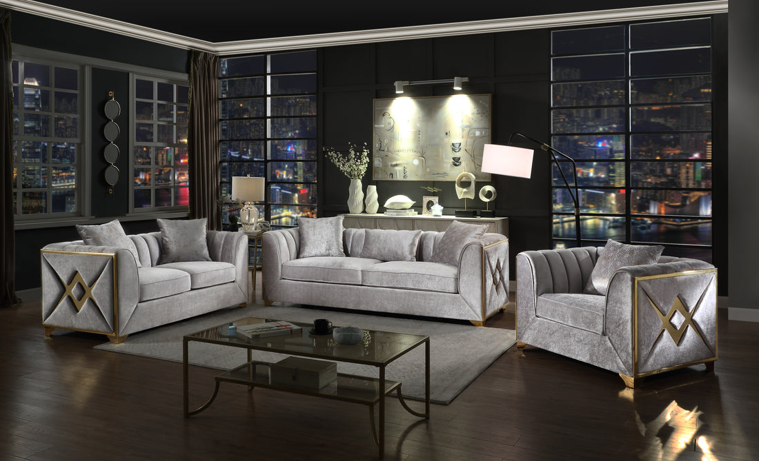 Velencia 3Pc Modern Living Room Set In Silver Silver Wood Primary Living Space Modern Upholstered Wood 6 Seat