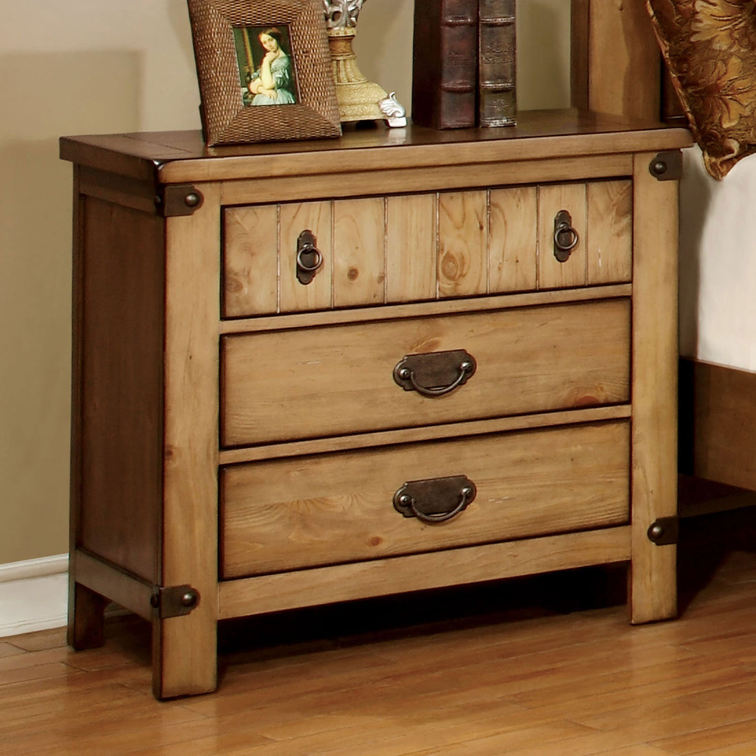 Cottage Style Weathered Elm 1Pc Nightstand Ball Bearing Metal Glide Usb Charger Power Outlet In Night Stand Top Drawer Bedroom Bedside Table Natural 3 Drawers Bedroom Bedside Cabinet Contemporary,Modern,Transitional Usb Port Solid Wood