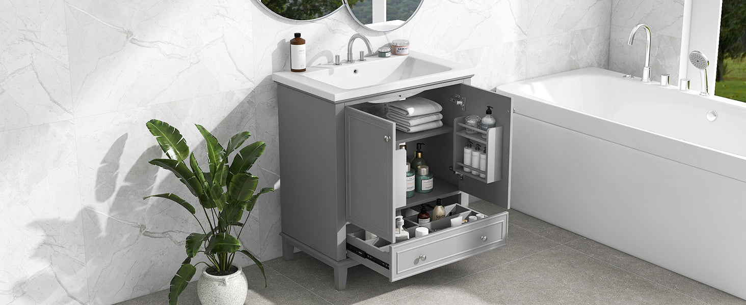 30" Bathroom Vanity With Sink Combo, Multi Functional Bathroom Cabinet With Doors And Drawer, Solid Frame And Mdf Board, Grey Grey Solid Wood Mdf