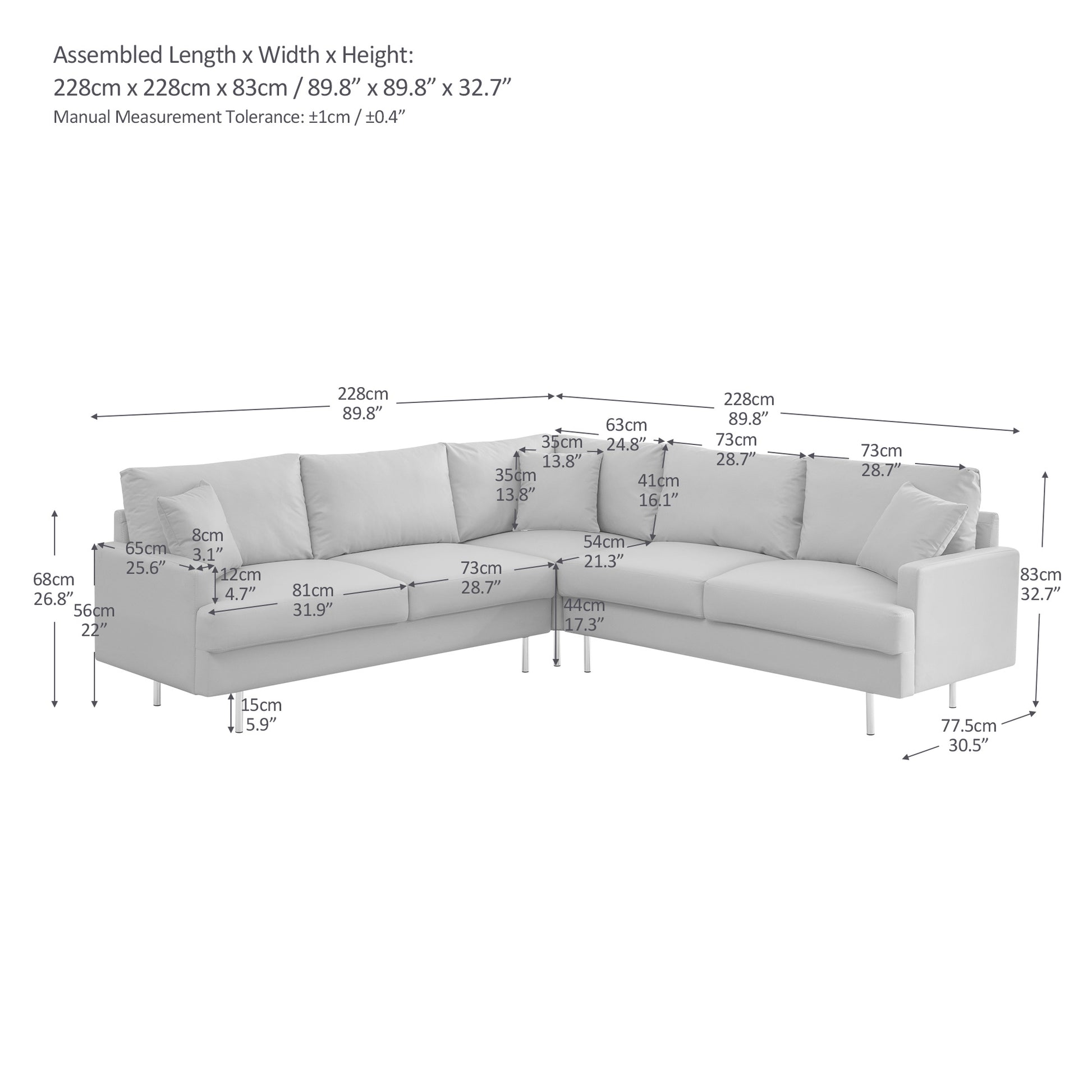 L Shaped Corner Sectional Technical Leather Sofa With Pillows,Dark Grey,89.8*89.8'' Dark Grey Foam 4 Seat