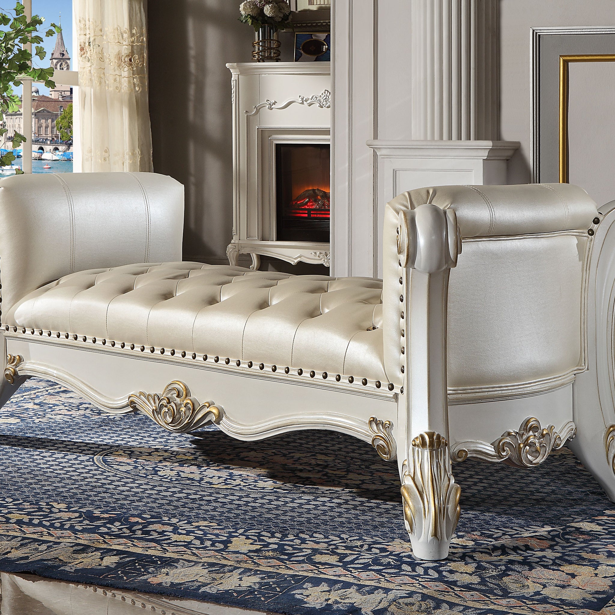 Vendome Bench, Synthetic Leather & Antique Pearl Finish Bd01522 Antique White Pu Leather