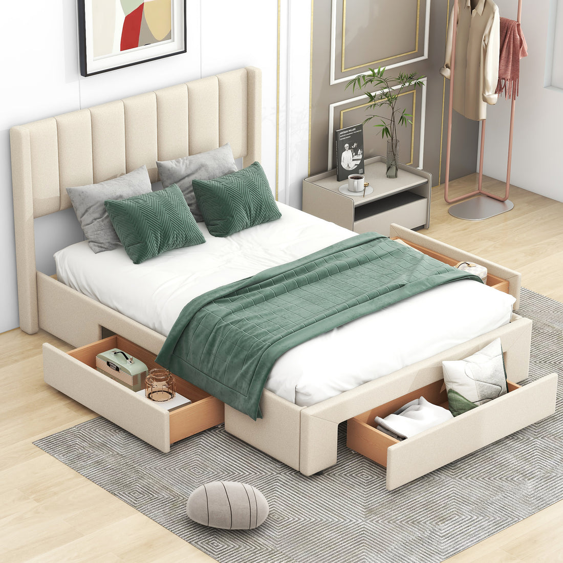 Full Size Upholstered Platform Bed With One Large Drawer In The Footboard And Drawer On Each Side,Beige Box Spring Not Required Full Beige Wood Bedroom Bed Frame Linen Upholstered