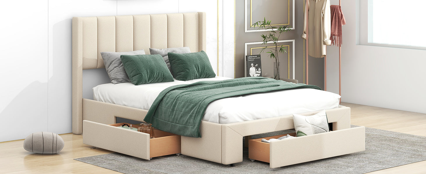 Full Size Upholstered Platform Bed With One Large Drawer In The Footboard And Drawer On Each Side,Beige Box Spring Not Required Full Beige Wood Bedroom Bed Frame Linen Upholstered
