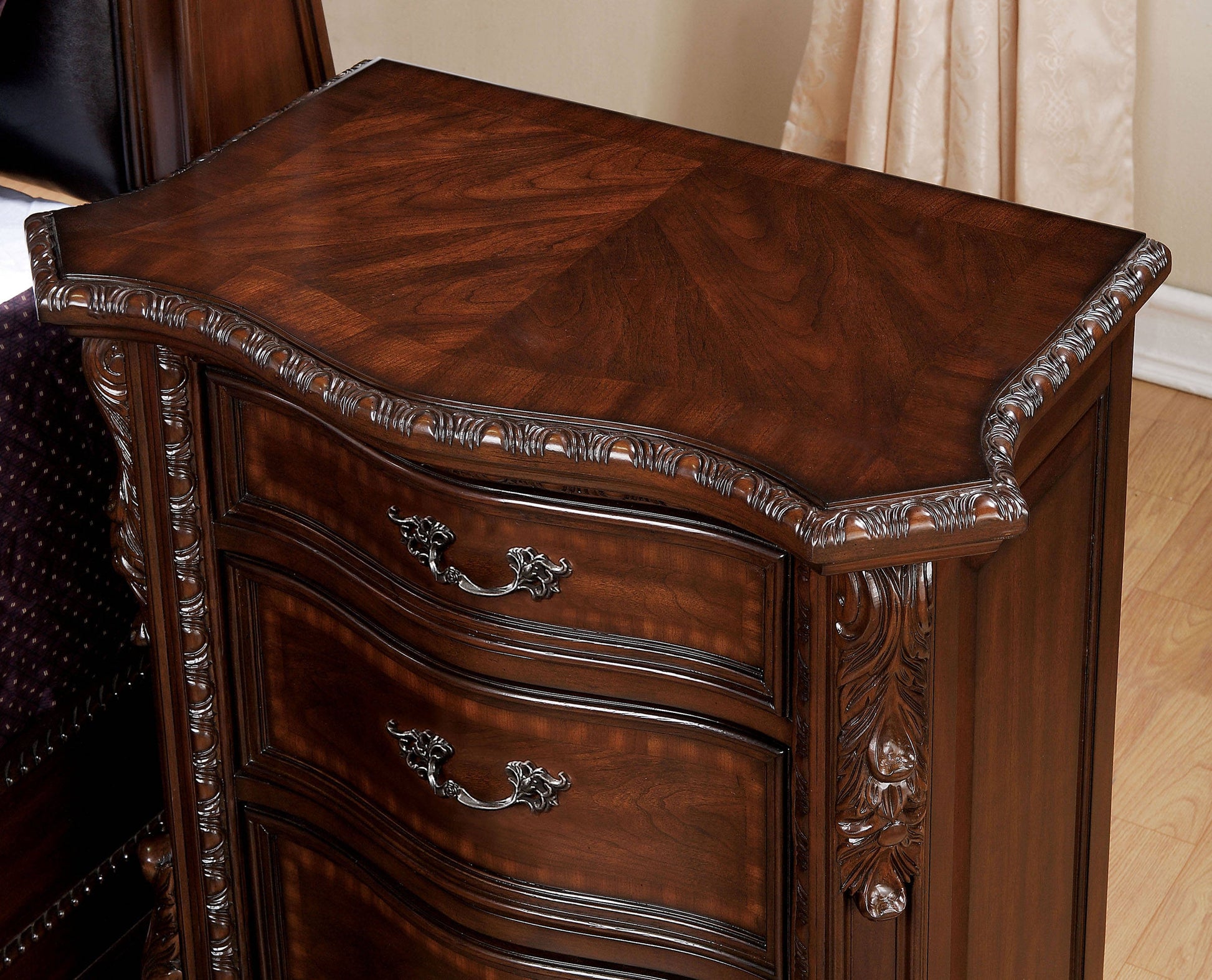 Formal Traditional 1Pc Nightstand Only Brown Cherry Solid Wood 3 Drawers Intricate Accents Glides Bronze Hanging Pulls Bedroom Furniture Brown Brown 3 Drawers Bedroom Bedside Cabinet Traditional Drawers Cherry Solid Wood