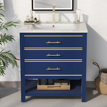 Viedo Modern 30Inch Navy Blue White Bathroom Vanity Cabinet Combo With Openstorge, Two Drawers Blue Solid Wood Mdf