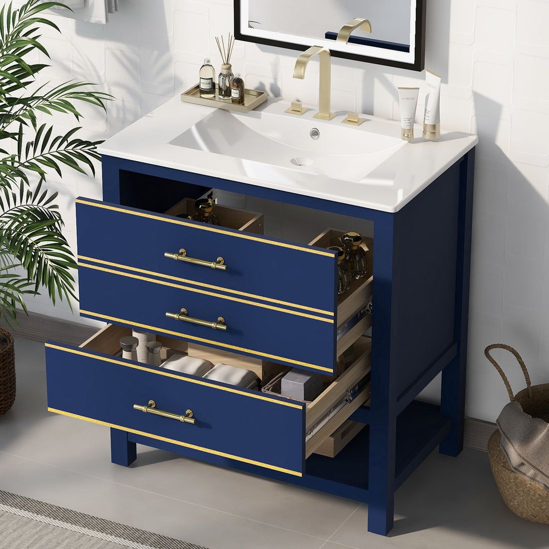 Viedo Modern 30Inch Navy Blue White Bathroom Vanity Cabinet Combo With Openstorge, Two Drawers Blue Solid Wood Mdf