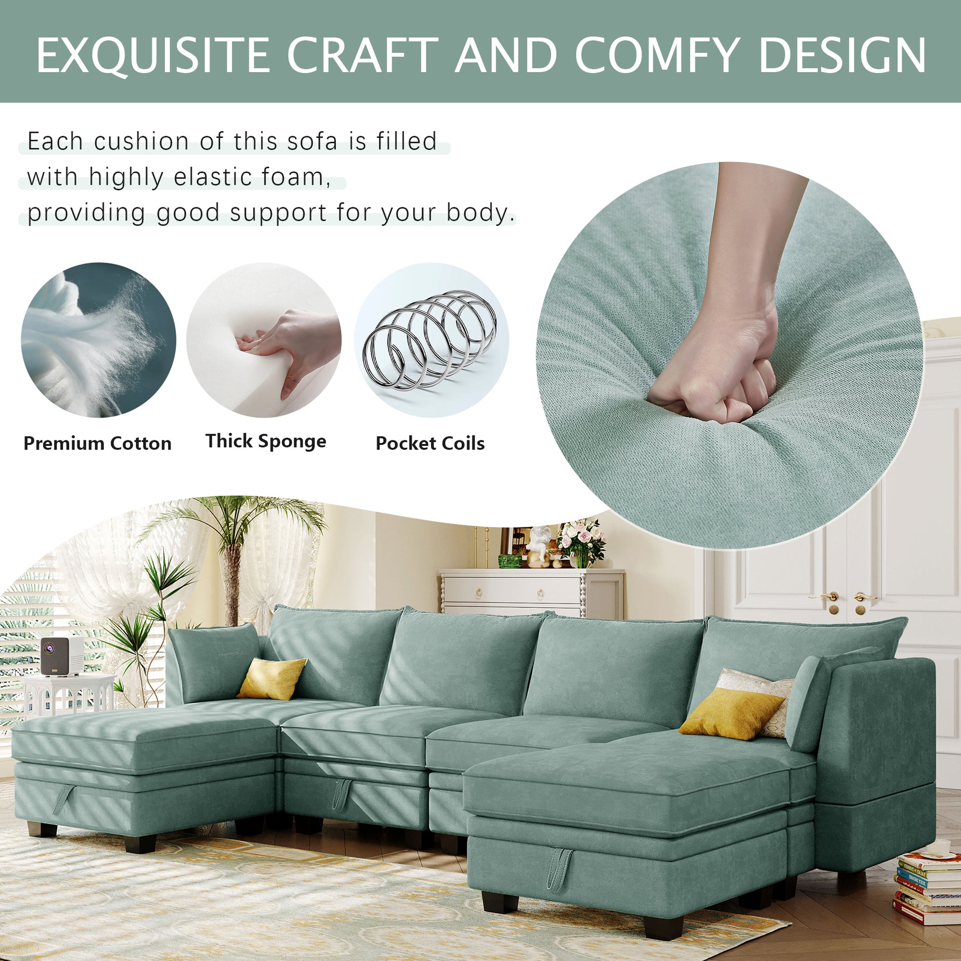 Modern Large U Shape Modular Sectional Sofa, Convertible Sofa Bed With Reversible Chaise For Living Room, Storage Seat Light Green Linen