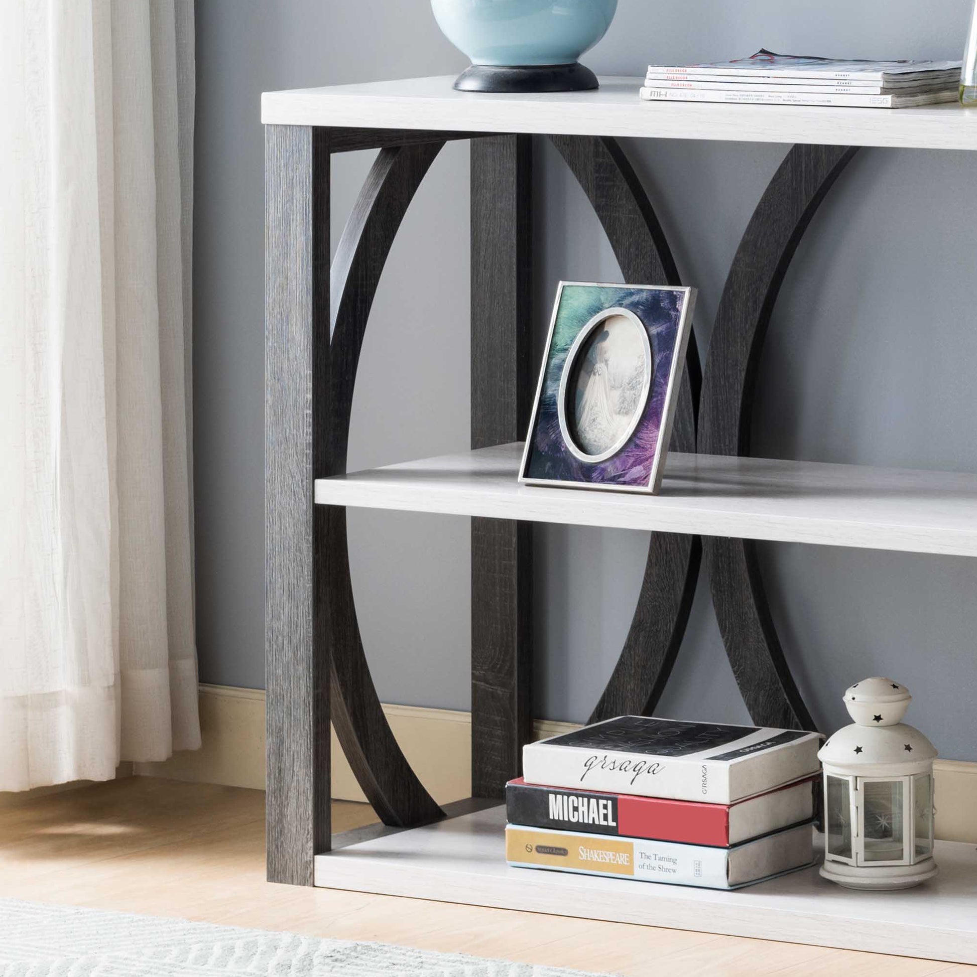 Modern Console Table With Three Open Shelves Grey And White White Oak Particle Board