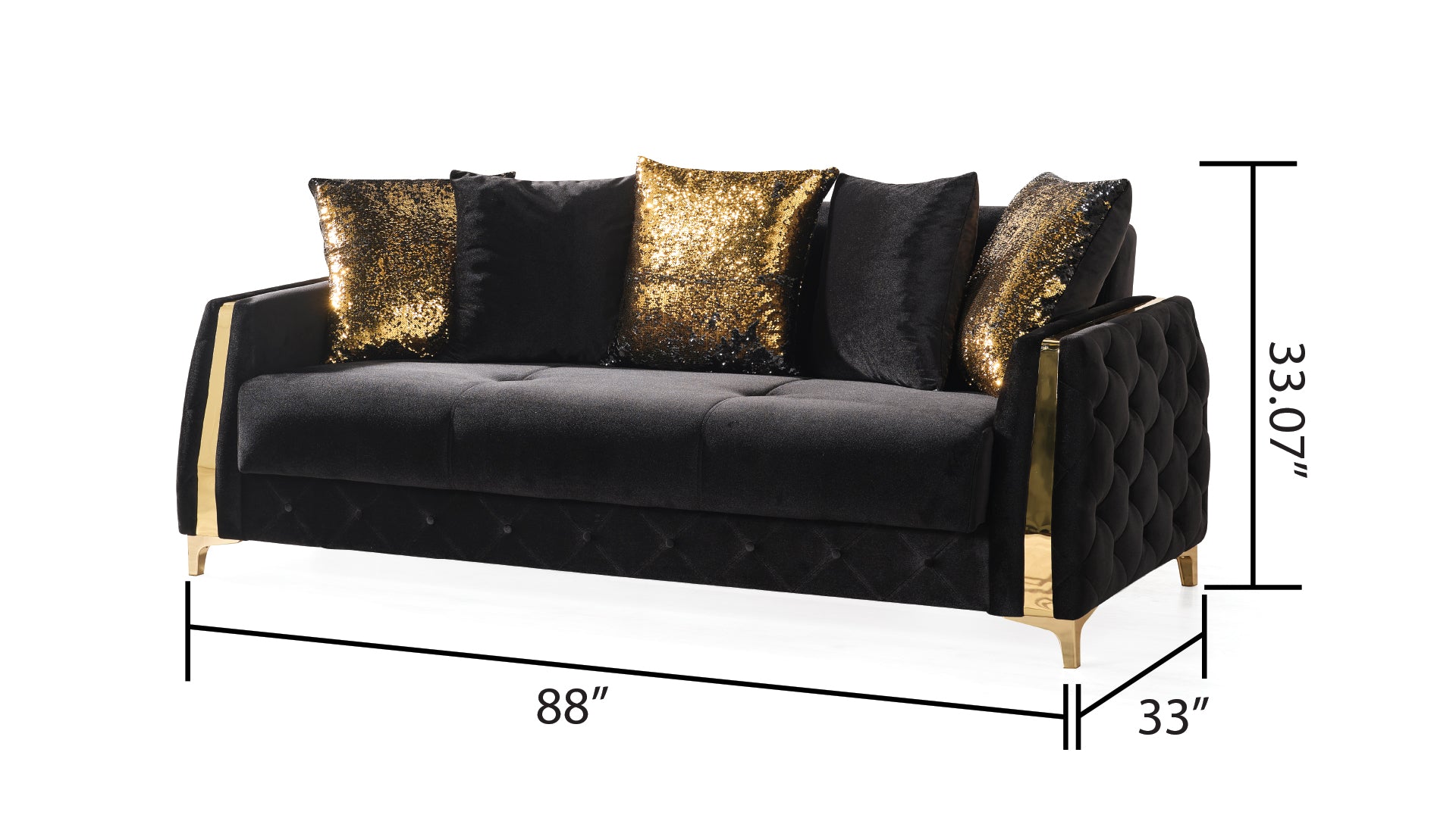 Modern Style Sleeper Sofa Made With Wood In Black Black Velvet Wood Primary Living Space Medium Firm Tufted Back Modern Upholstered Wood 3 Seat