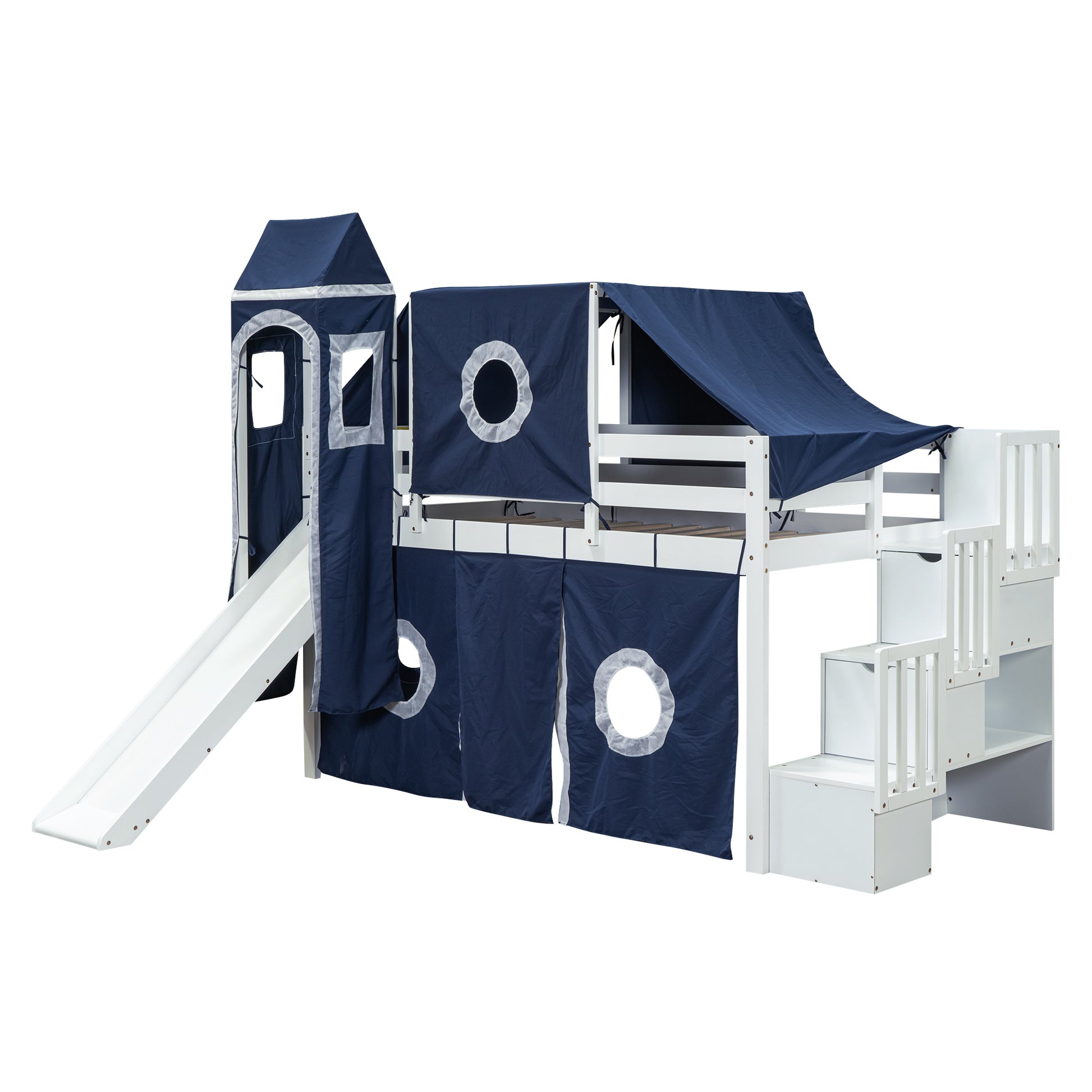 Twin Size Loft Bed With Tent And Tower Blue Blue Solid Wood