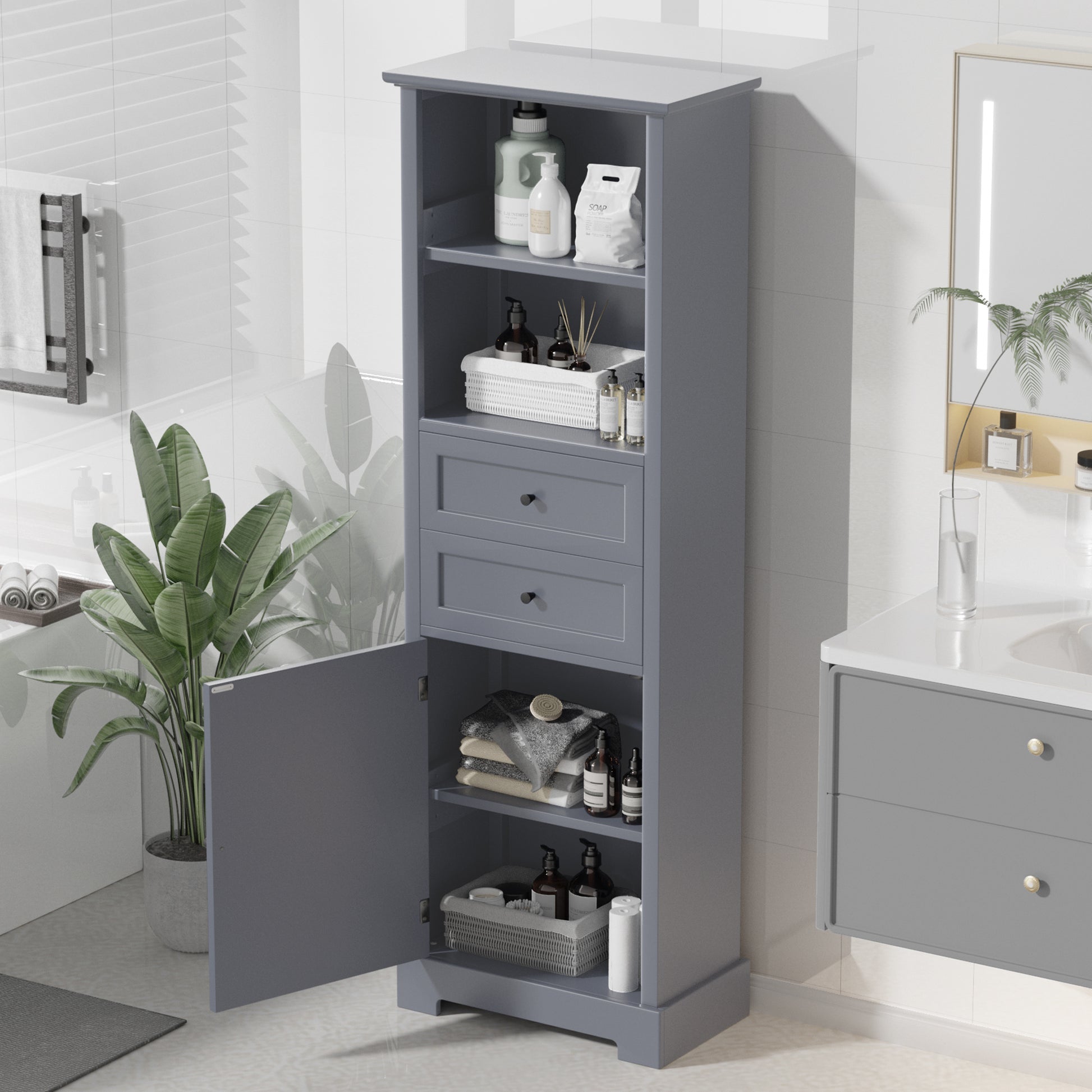 Bathroom Storage Cabinet, Tall Storage Cabinet with grey-mdf