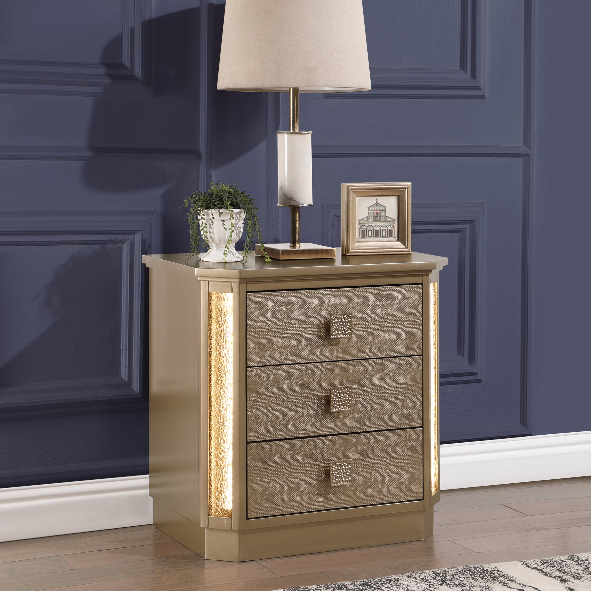 Medusa Nightstand Made With Wood In Gold Finish Gold 3 Drawers Bedroom Contemporary,Modern Wood