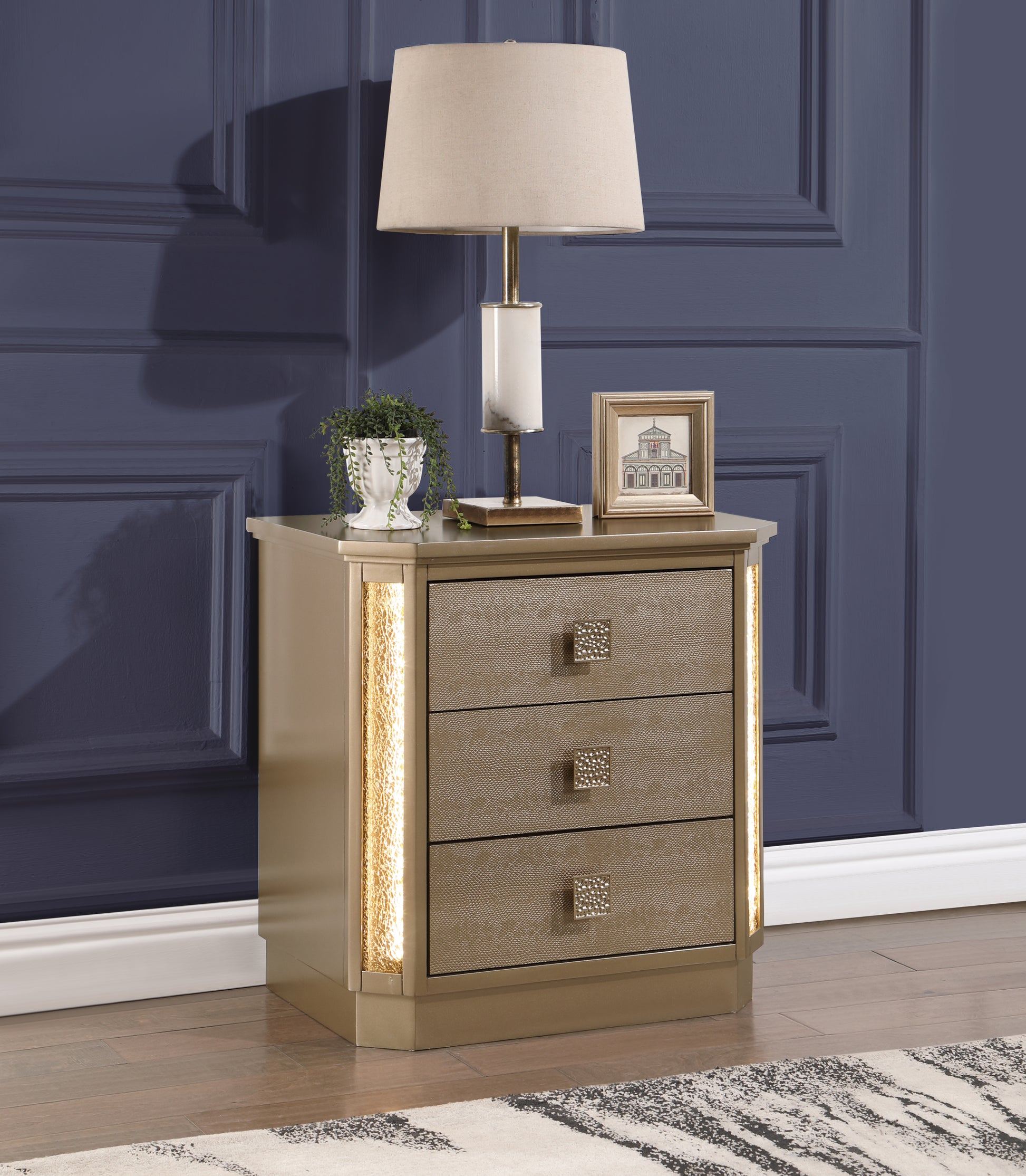 Medusa Nightstand Made With Wood In Gold Finish Gold 3 Drawers Bedroom Contemporary,Modern Wood