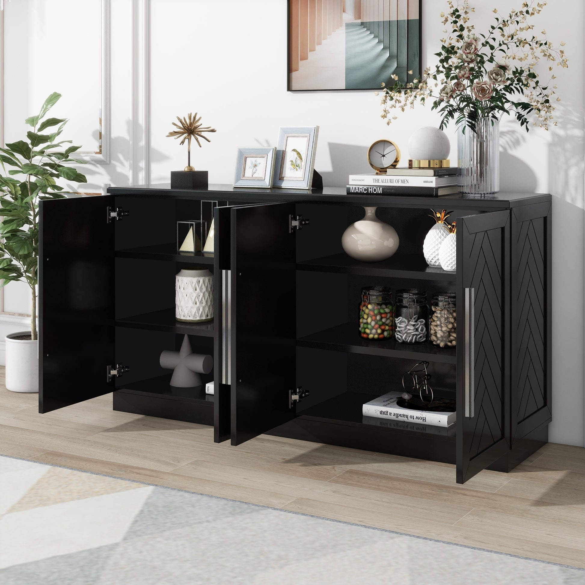 Sideboard With 4 Doors Large Storage Space Buffet Cabinet With Adjustable Shelves And Silver Handles For Kitchen, Dining Room, Living Room Black Black Solid Wood Mdf