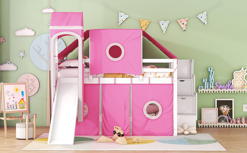 Full Size Loft Bed With Tent And Tower Pink Pink Solid Wood