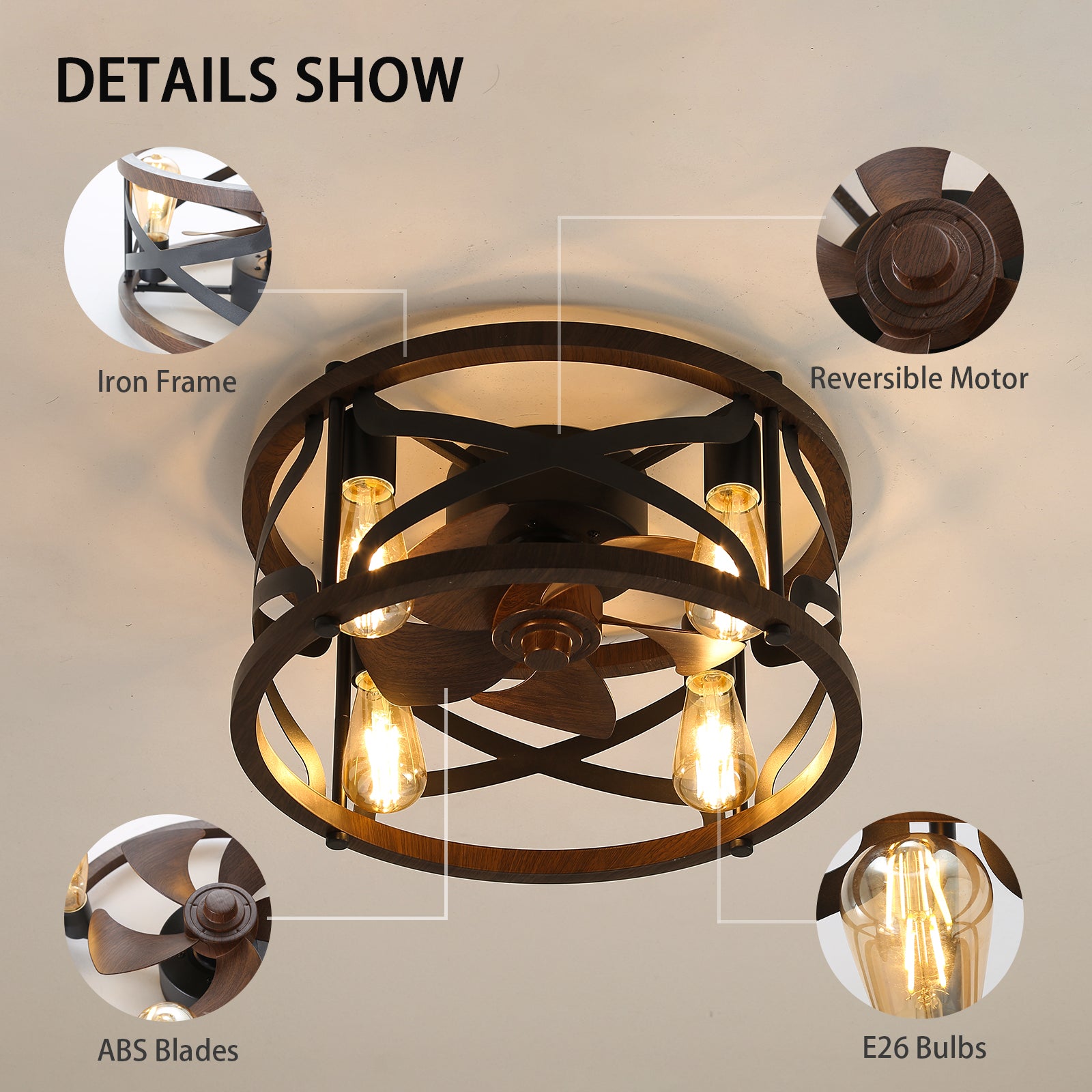 18Inch Caged Ceiling Fan With Lights Remote Control For App Note:No On Bulbs Brown Retro Iron